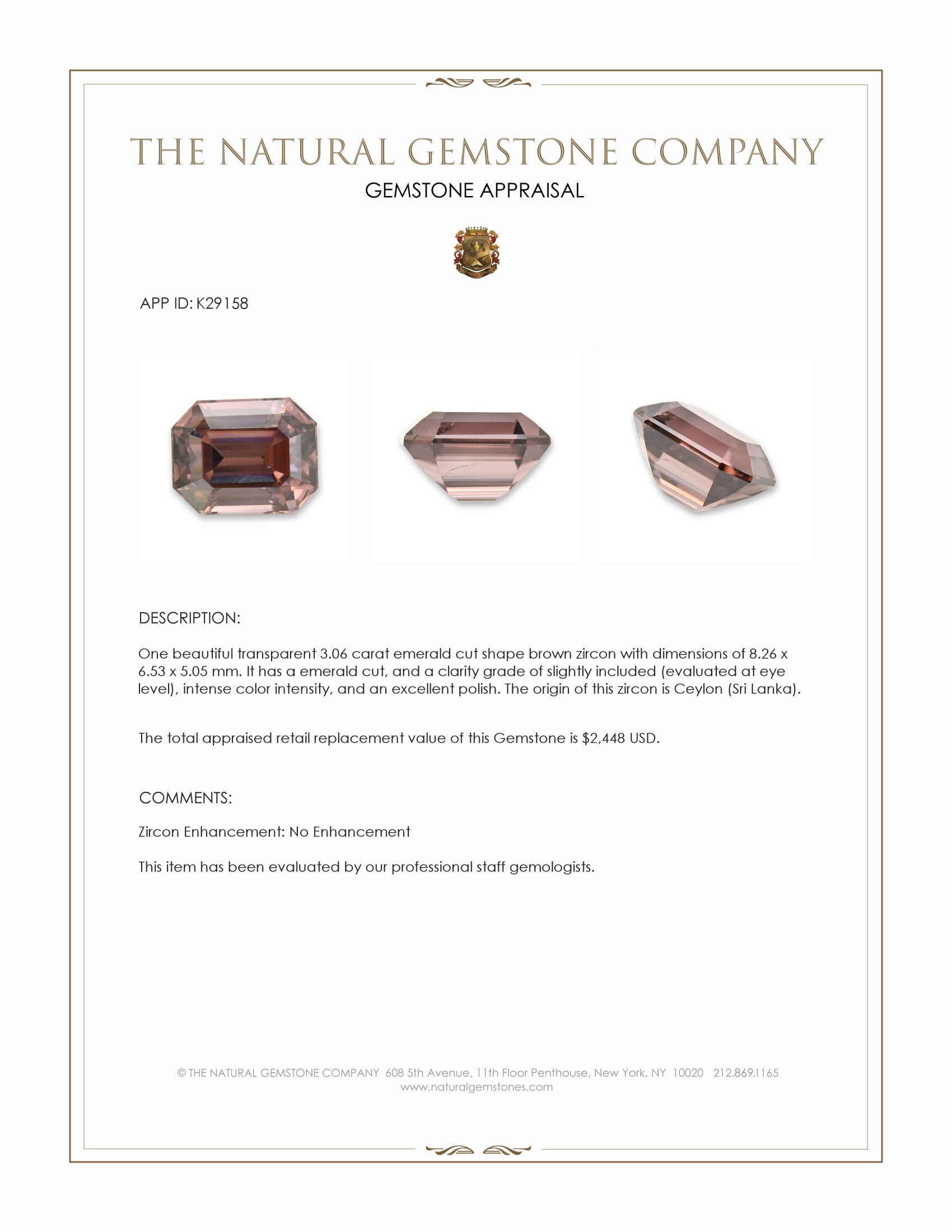 3.06 Ct. Brown Zircon from Ceylon (Sri Lanka)