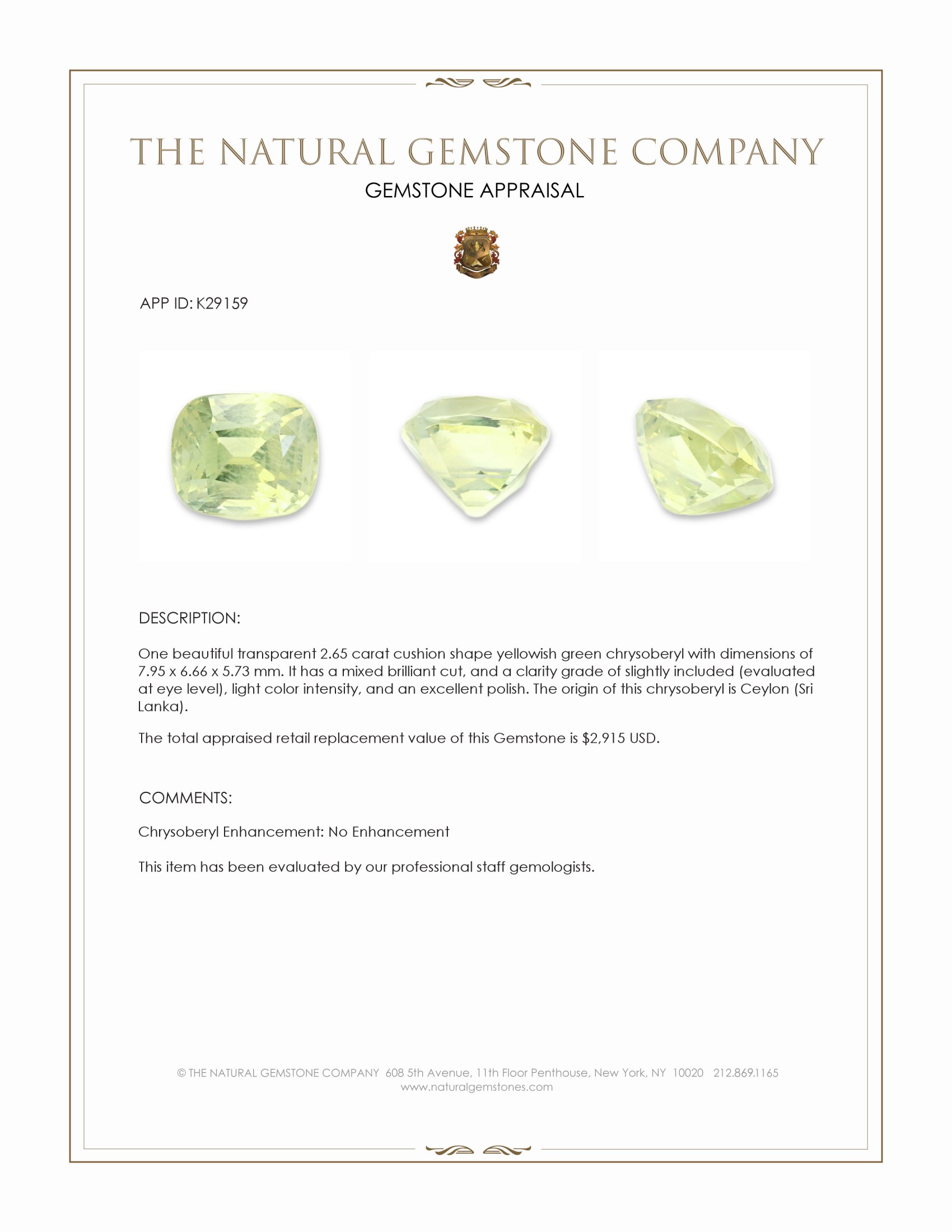 2.65 Ct. Yellowish Green Chrysoberyl from Ceylon (Sri Lanka)