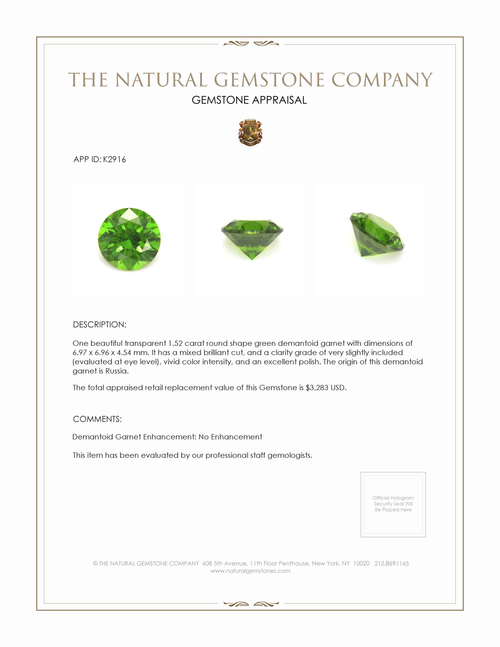 1.52 Ct. Demantoid Garnet from Russia