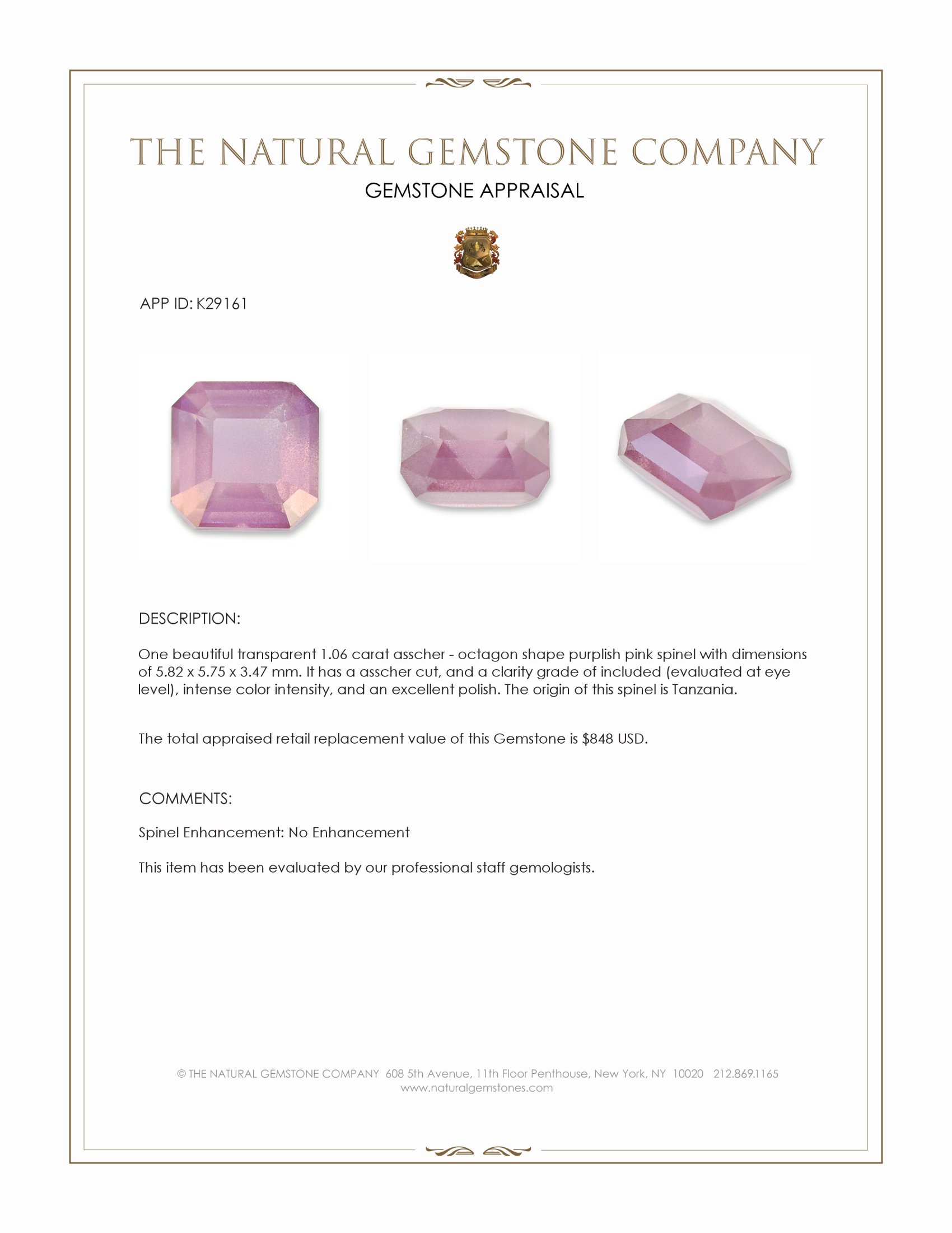 1.06 Ct. Purplish Pink Spinel from Tanzania