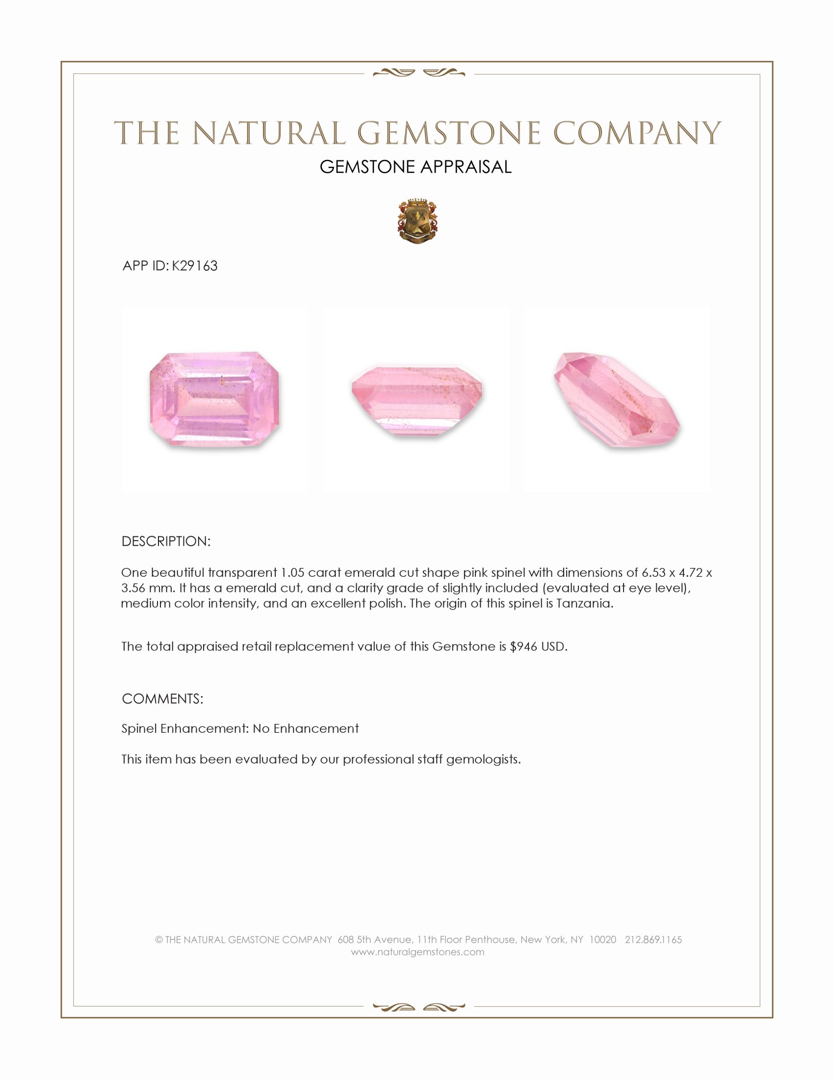 1.05 Ct. Pink Spinel from Tanzania