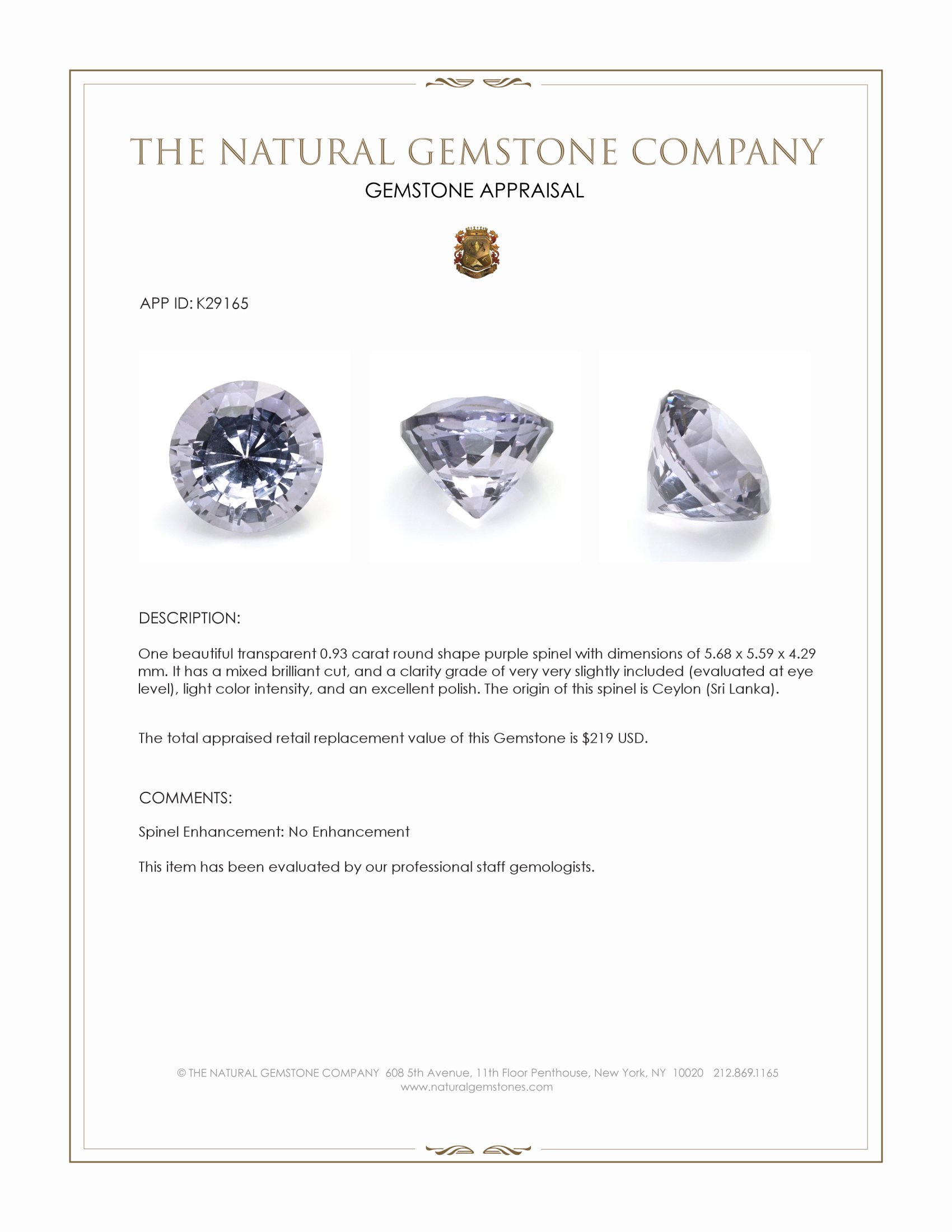 0.93 Ct. Purple Spinel from Ceylon (Sri Lanka)