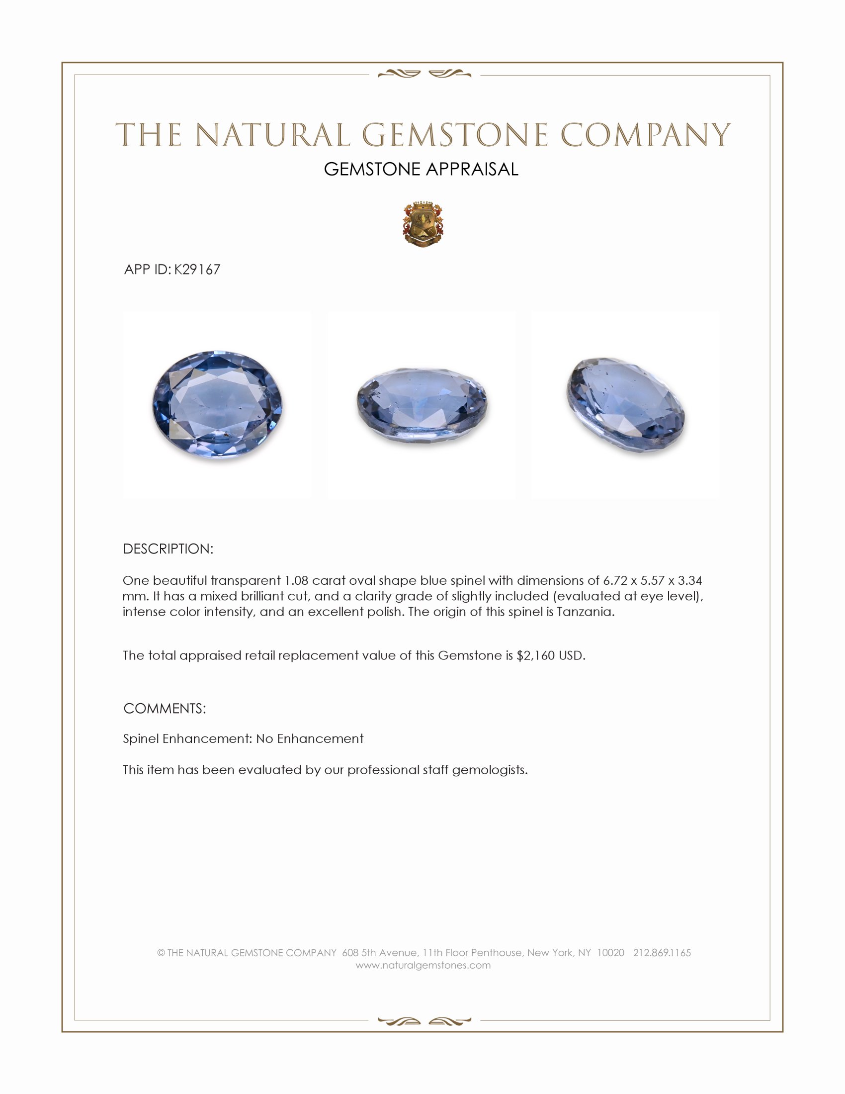 1.08 Ct. Blue Spinel from Tanzania