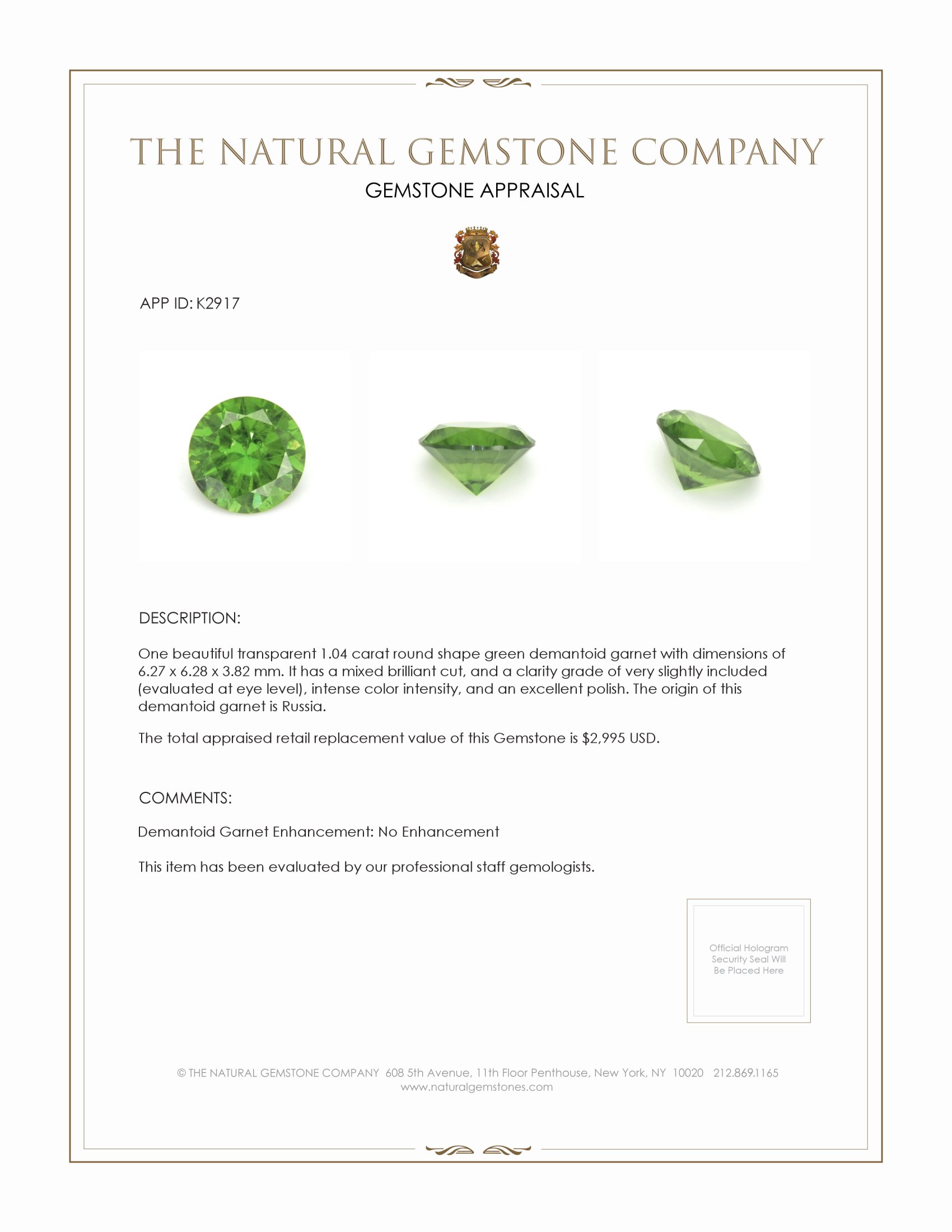 1.04 Ct. Demantoid Garnet from Russia