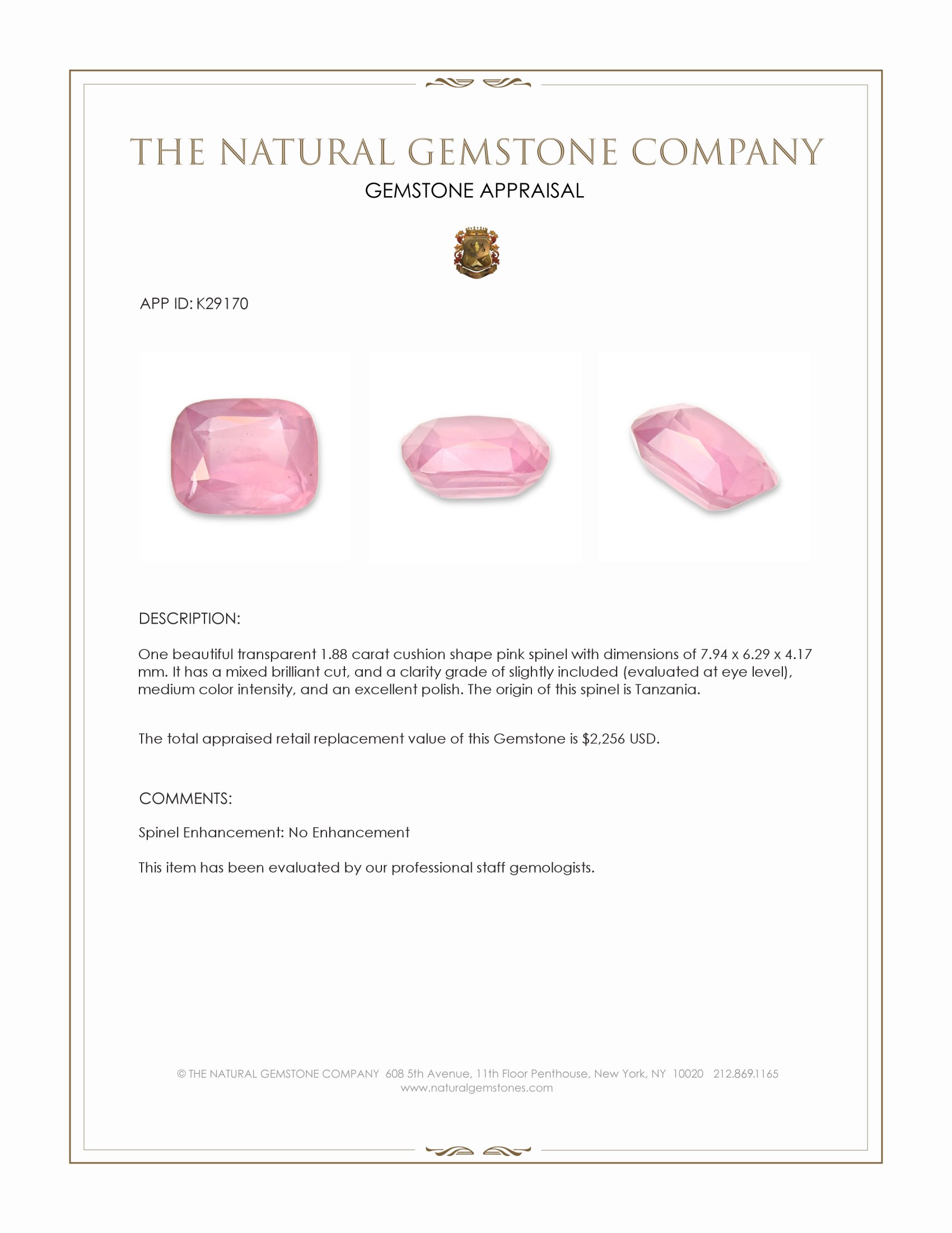 1.88 Ct. Pink Spinel from Tanzania