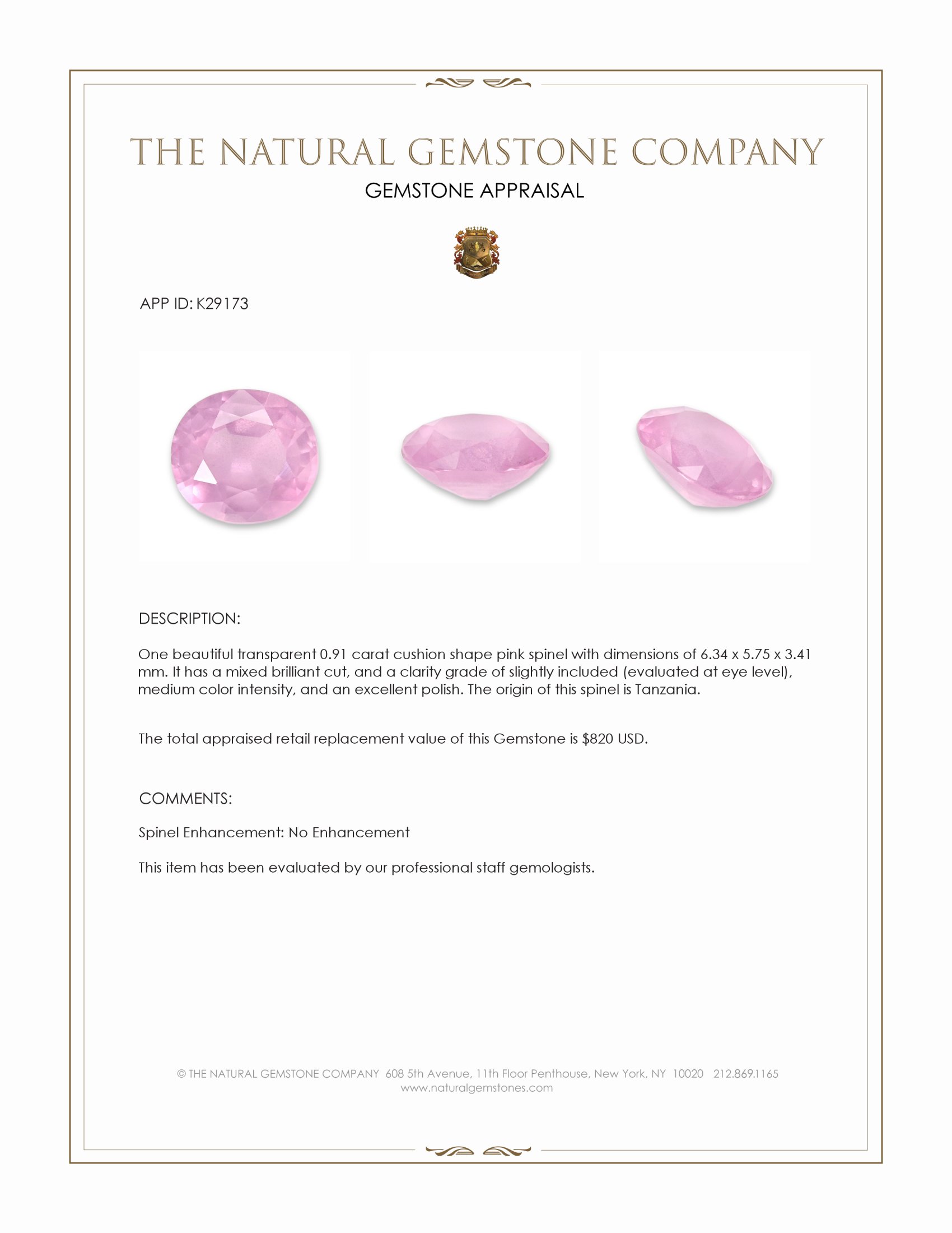 0.91 Ct. Pink Spinel from Tanzania