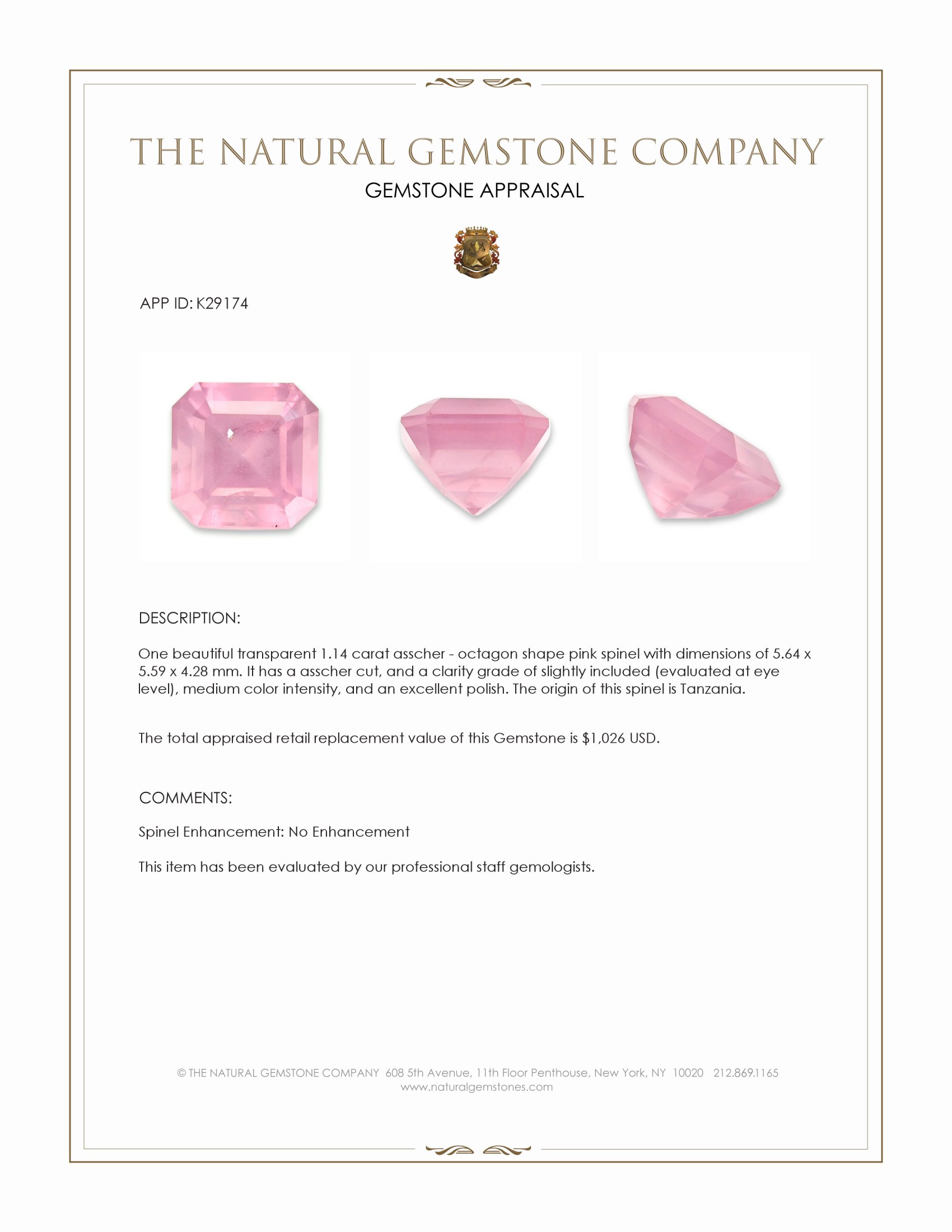 1.14 Ct. Pink Spinel from Tanzania