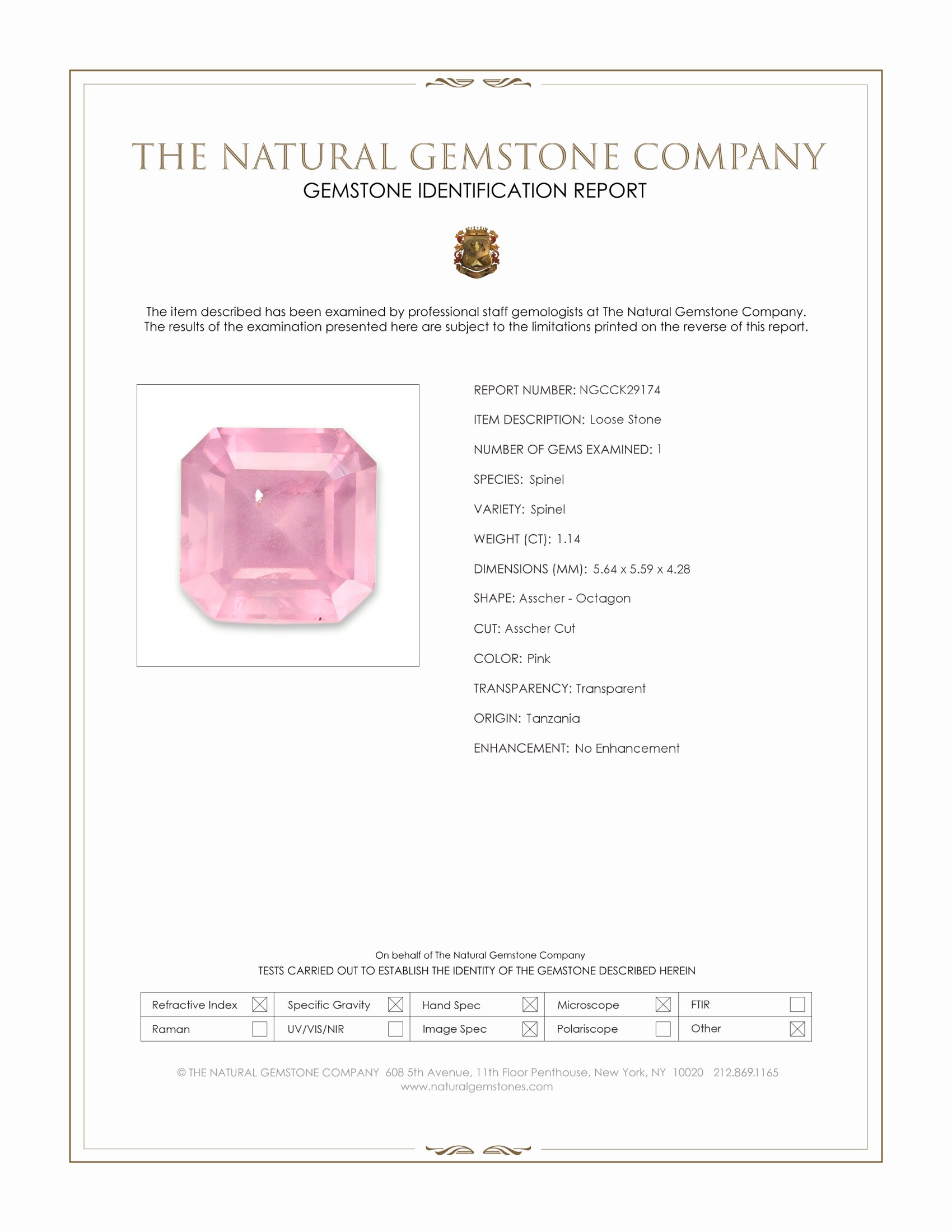 1.14 Ct. Pink Spinel from Tanzania