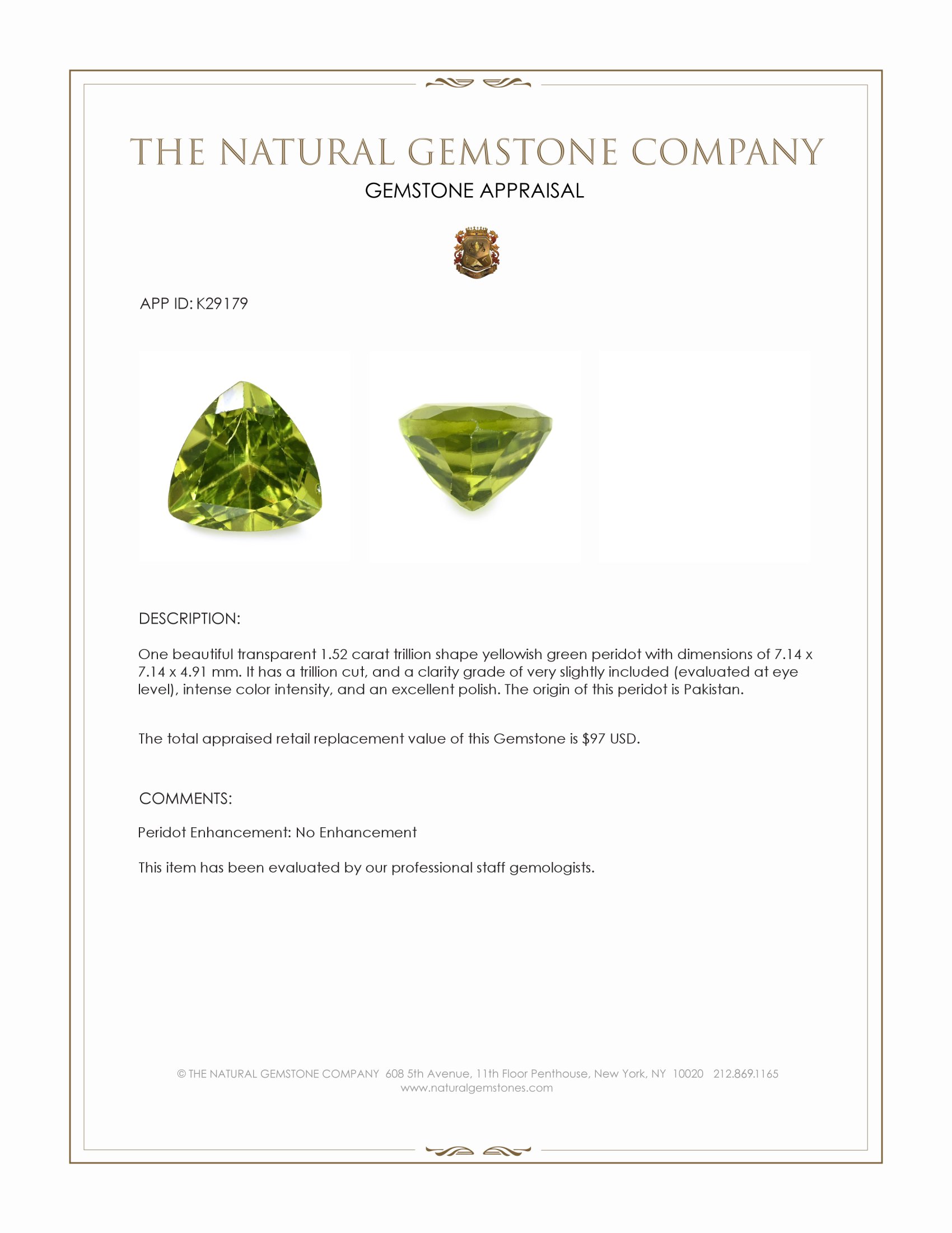 1.52 Ct. Yellowish Green Peridot from Pakistan