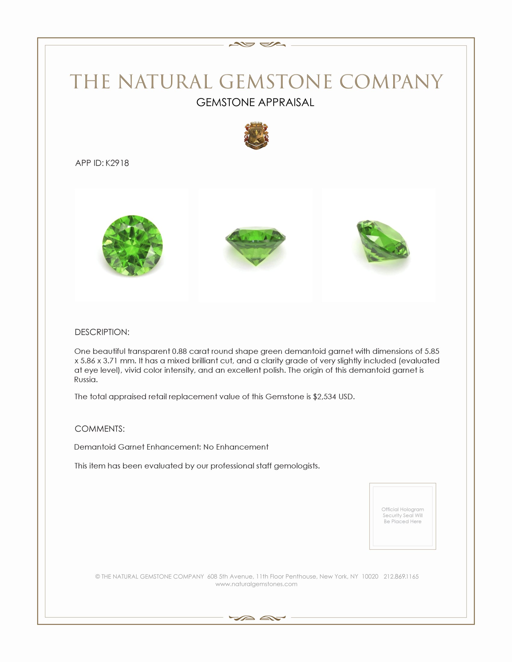 0.88 Ct. Demantoid Garnet from Russia