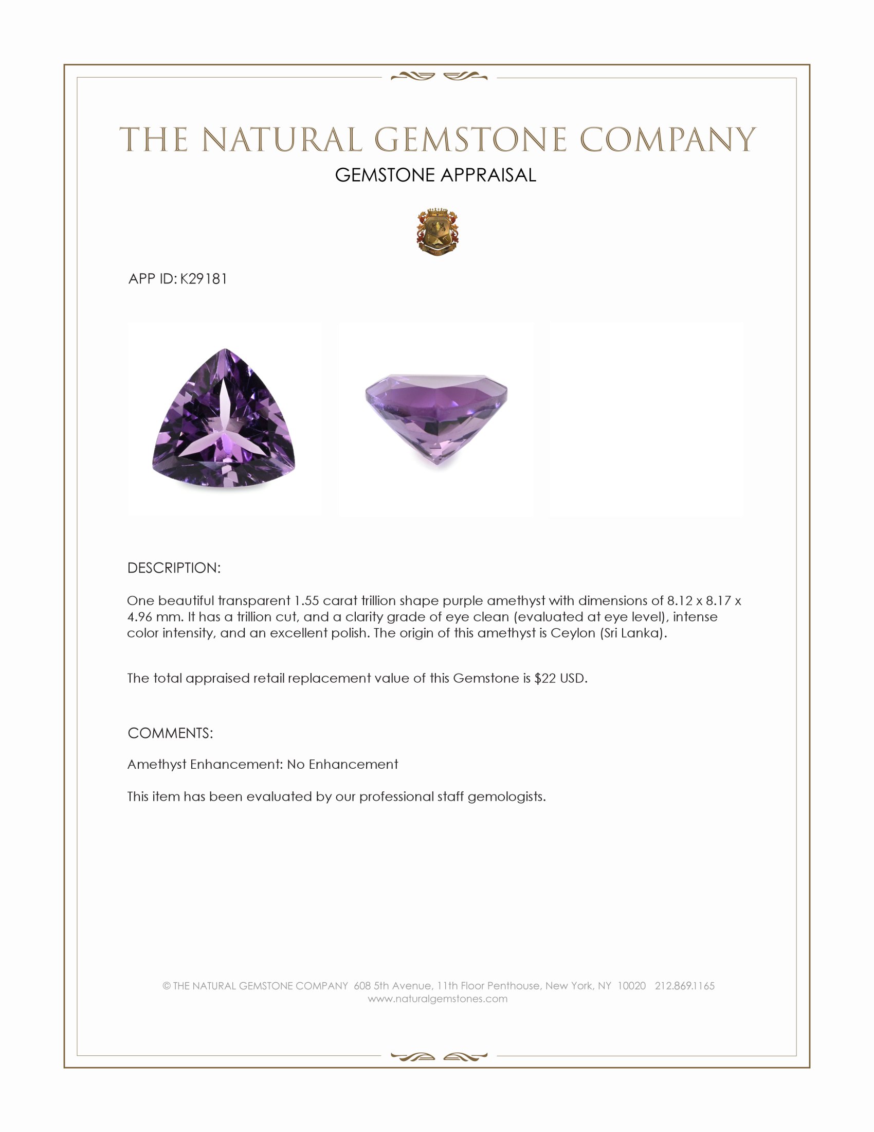 1.55 Ct. Purple Amethyst from Ceylon (Sri Lanka)