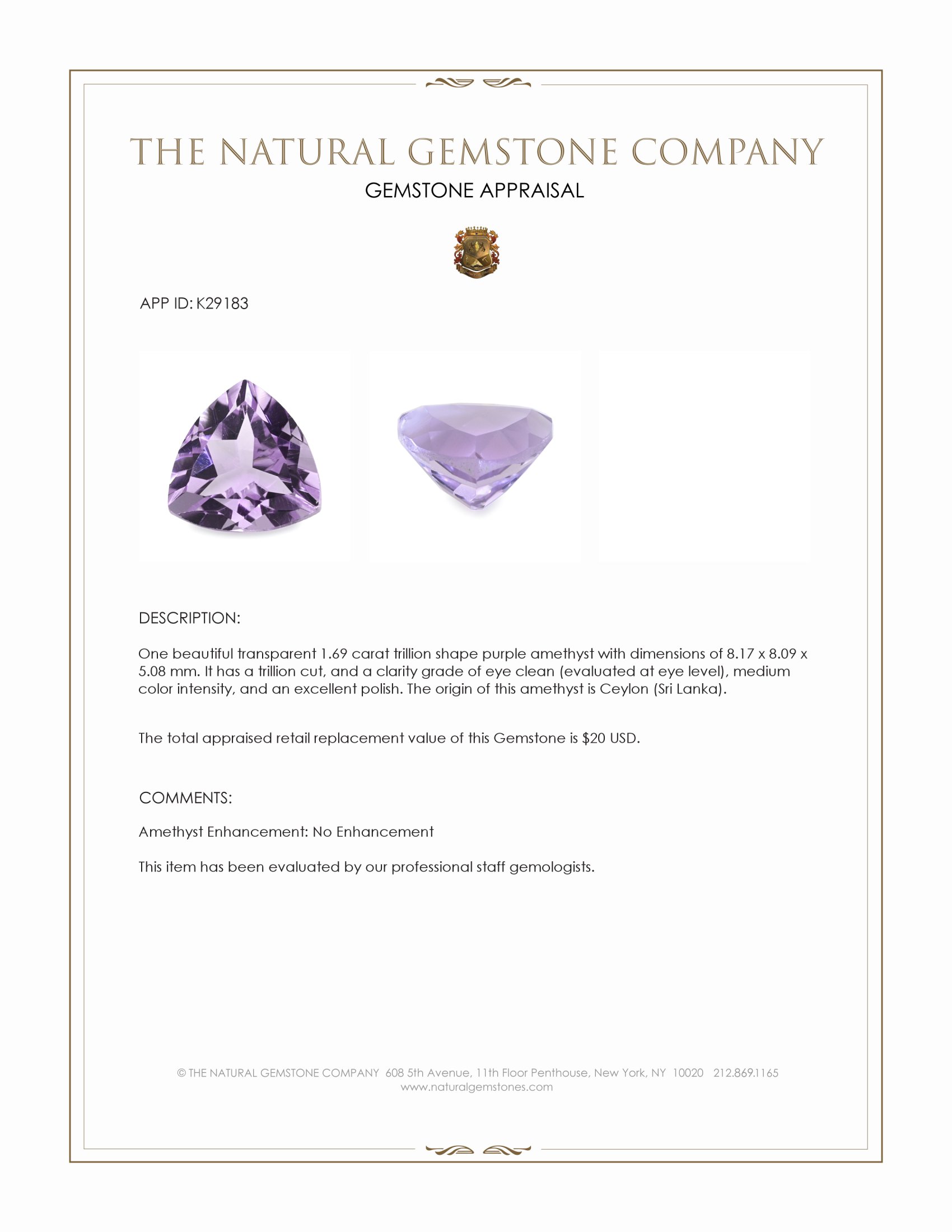 1.69 Ct. Purple Amethyst from Ceylon (Sri Lanka)