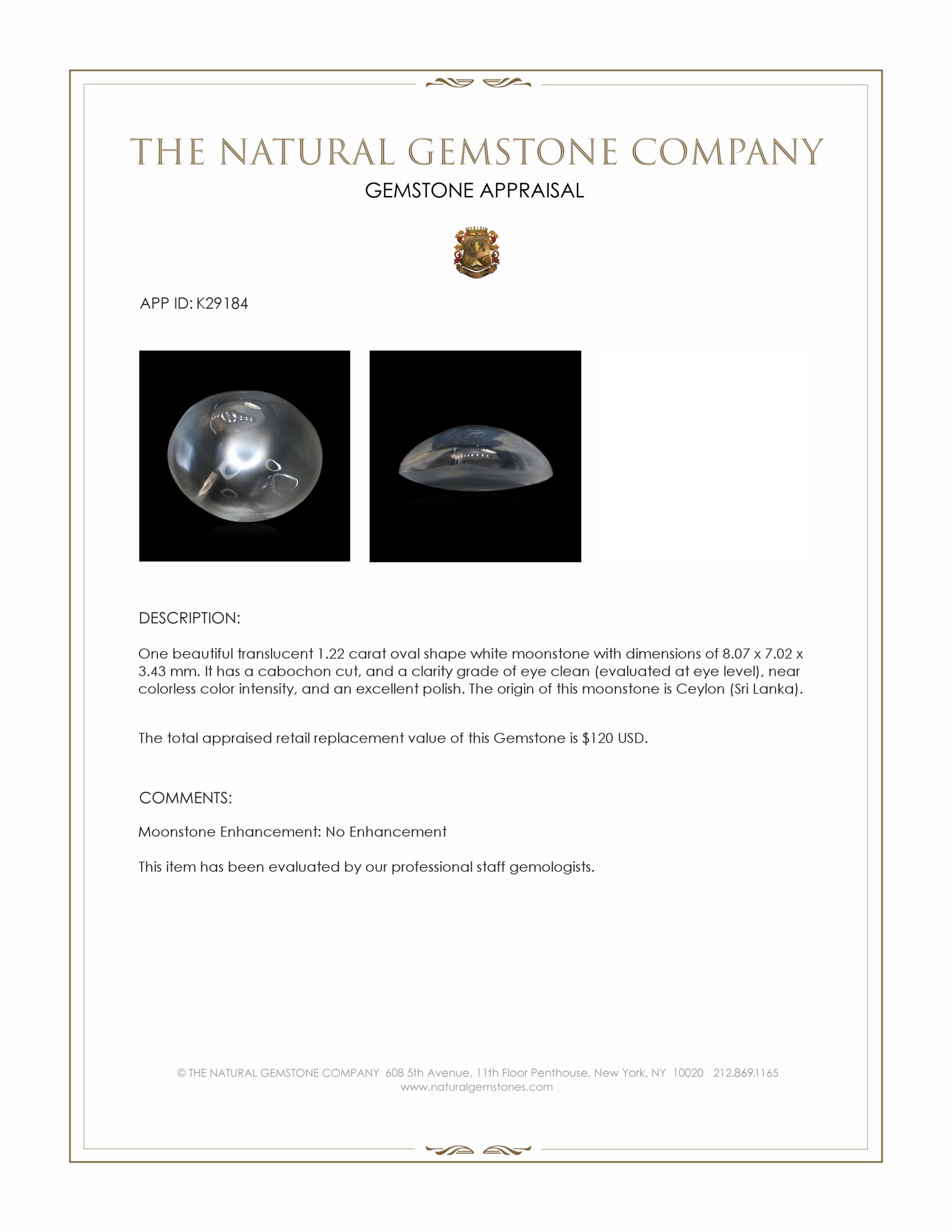 1.22 Ct. White Cabochon Moonstone from Ceylon (Sri Lanka)