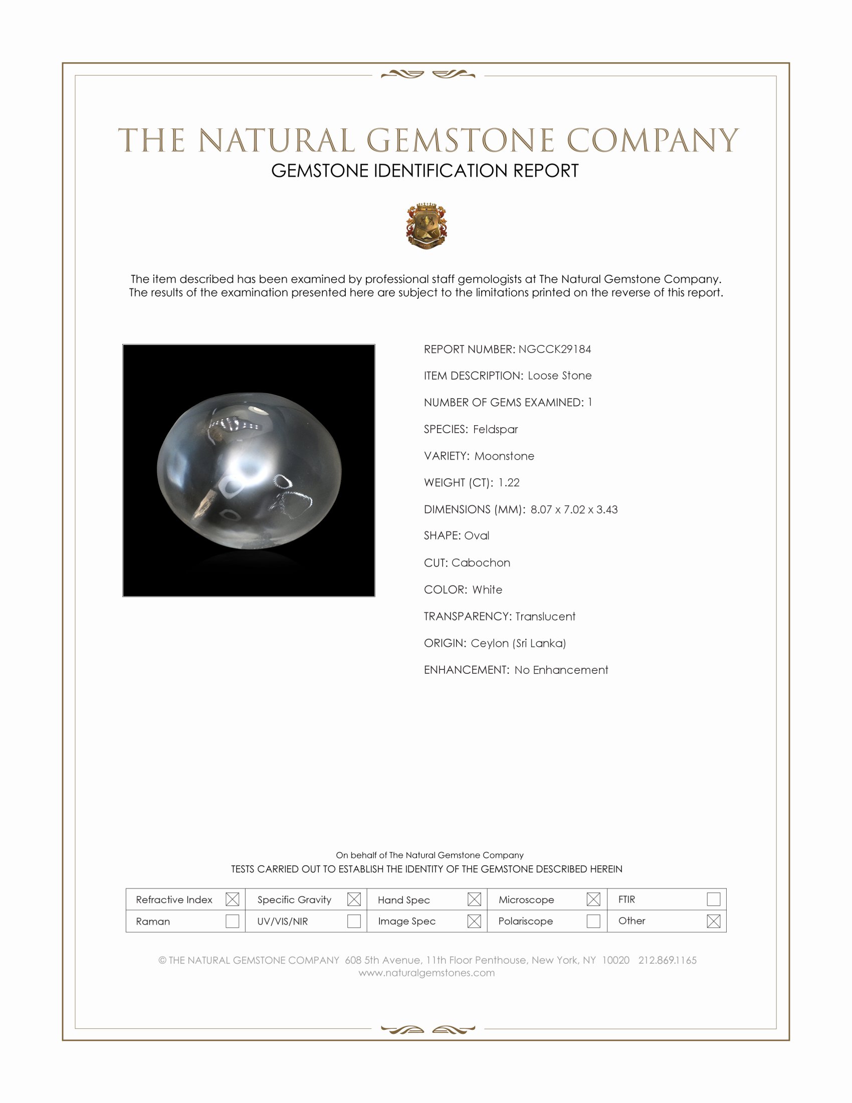 1.22 Ct. White Cabochon Moonstone from Ceylon (Sri Lanka)