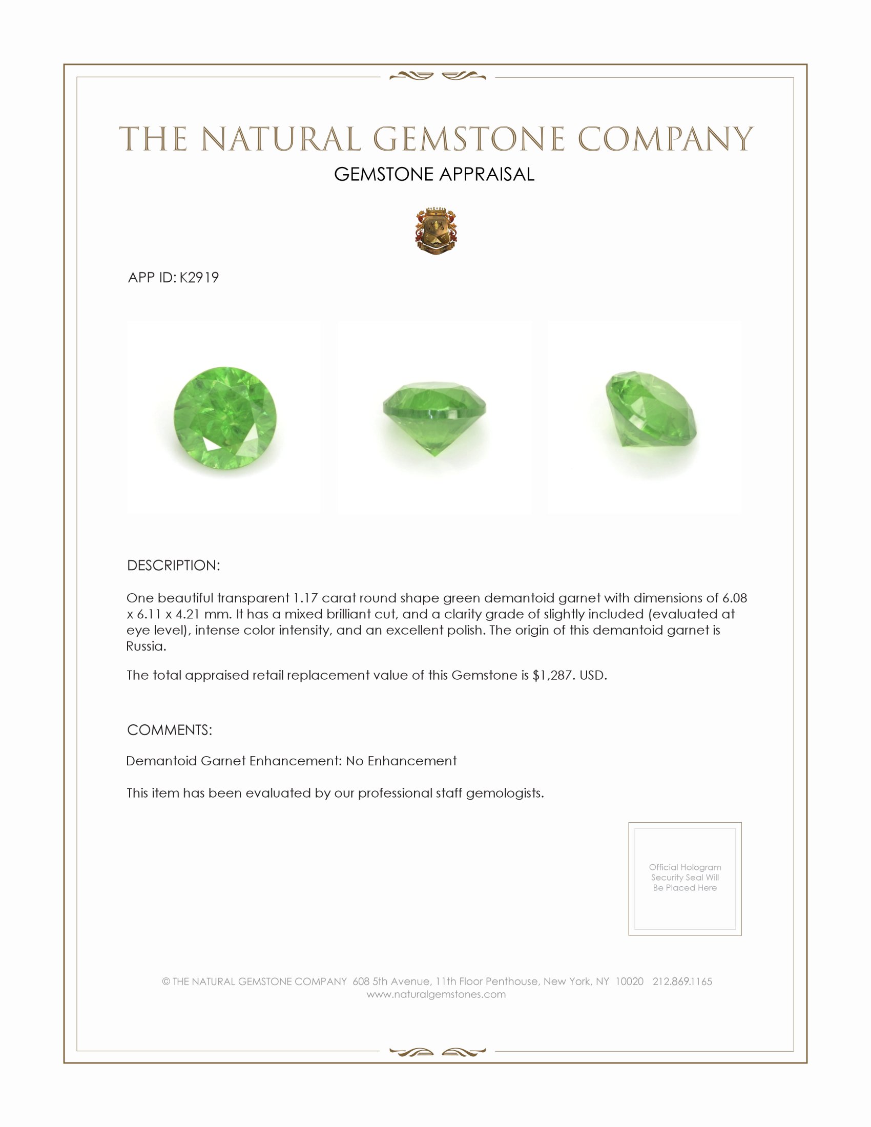 1.17 Ct. Demantoid Garnet from Russia