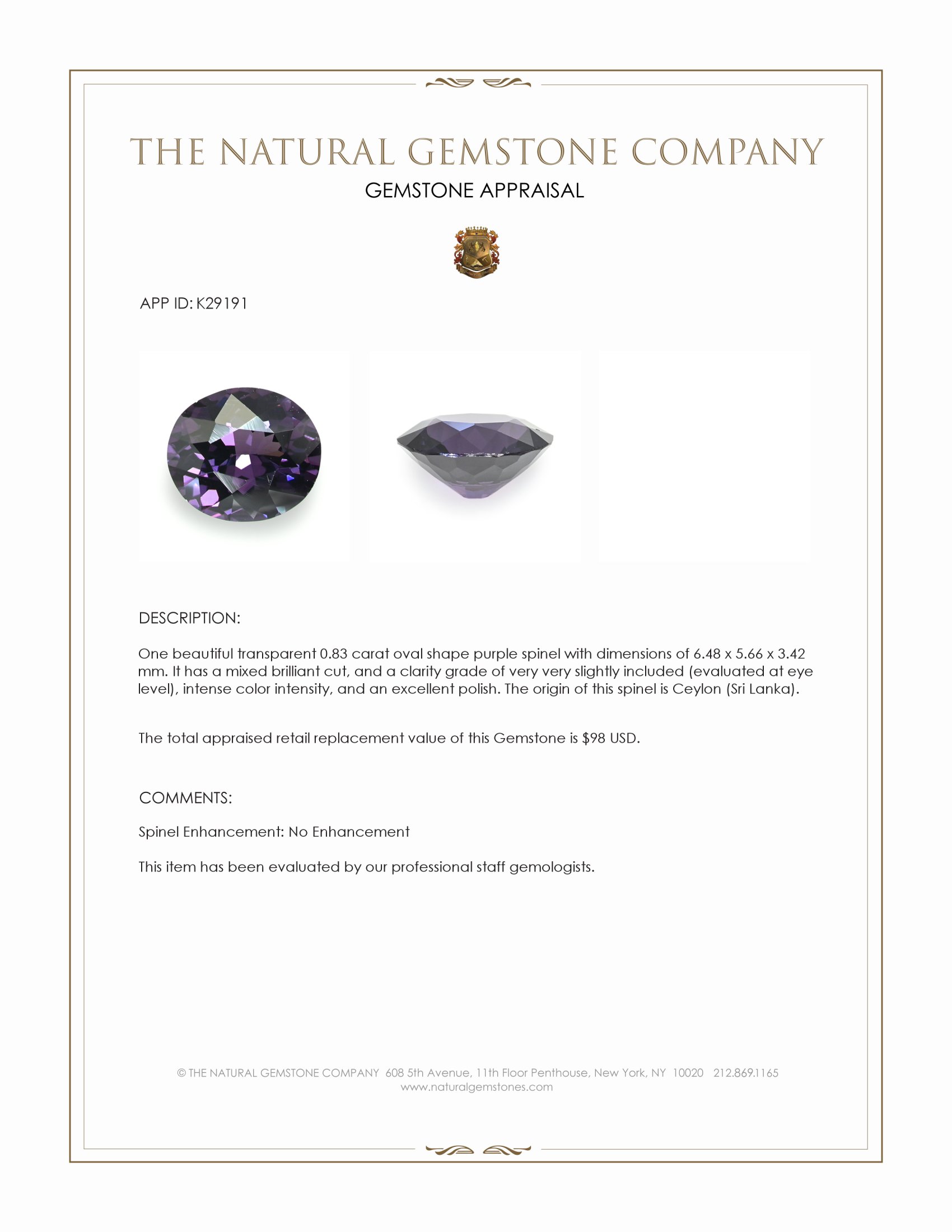 0.83 Ct. Purple Spinel from Ceylon (Sri Lanka)