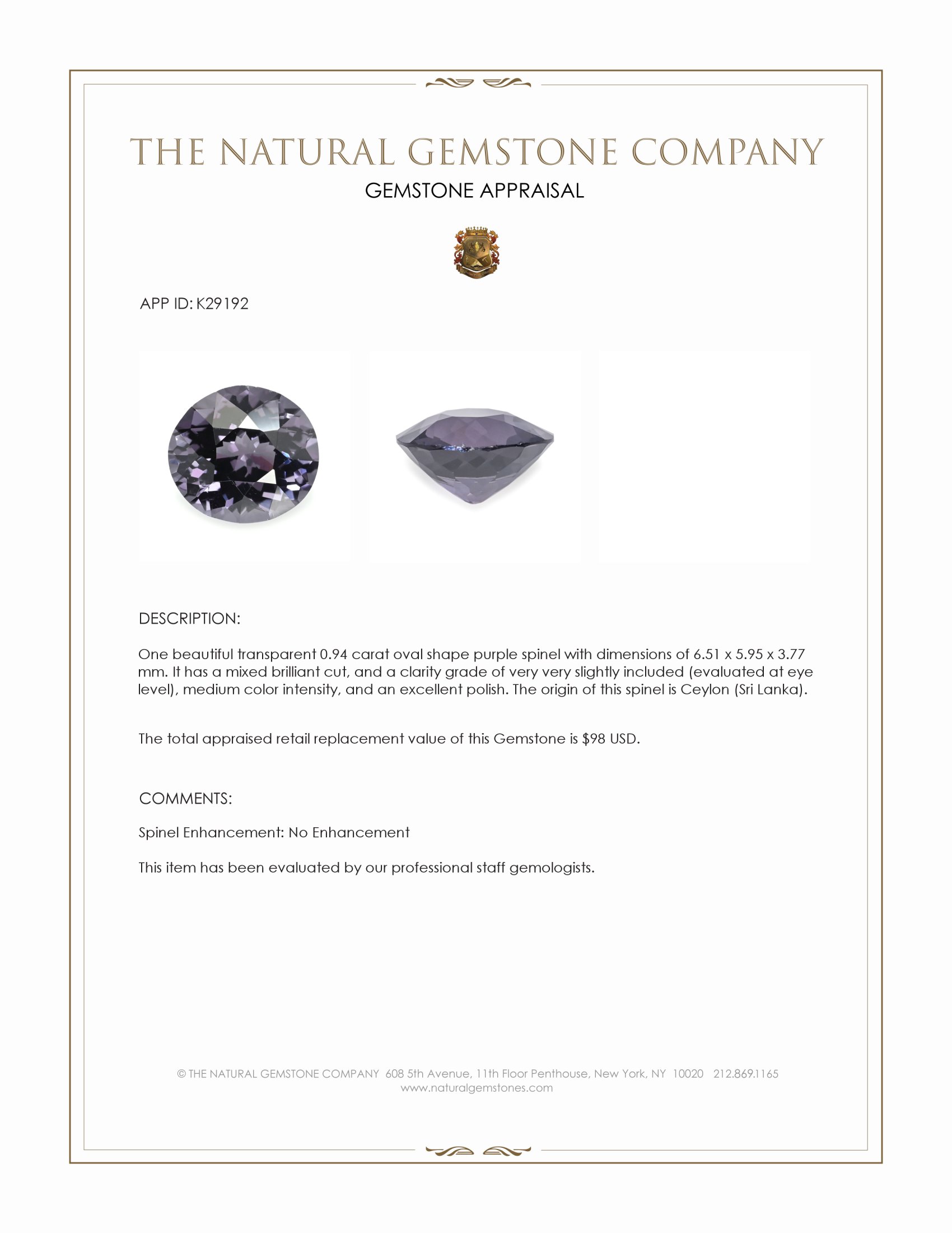 0.94 Ct. Purple Spinel from Ceylon (Sri Lanka)
