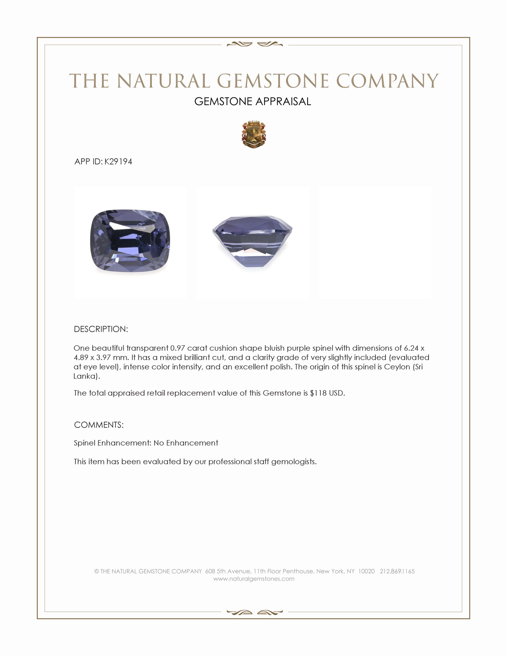 0.97 Ct. Bluish Purple Spinel from Ceylon (Sri Lanka)