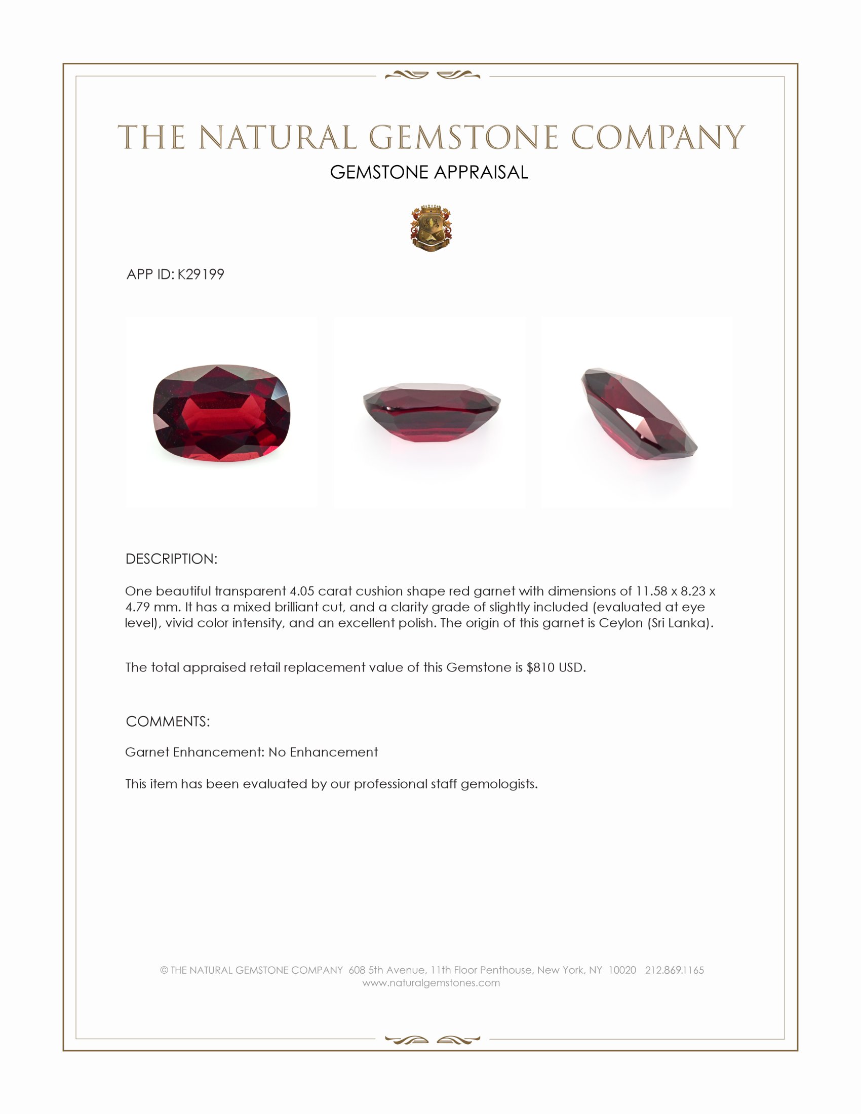 4.05 Ct. Red Garnet from Ceylon (Sri Lanka)