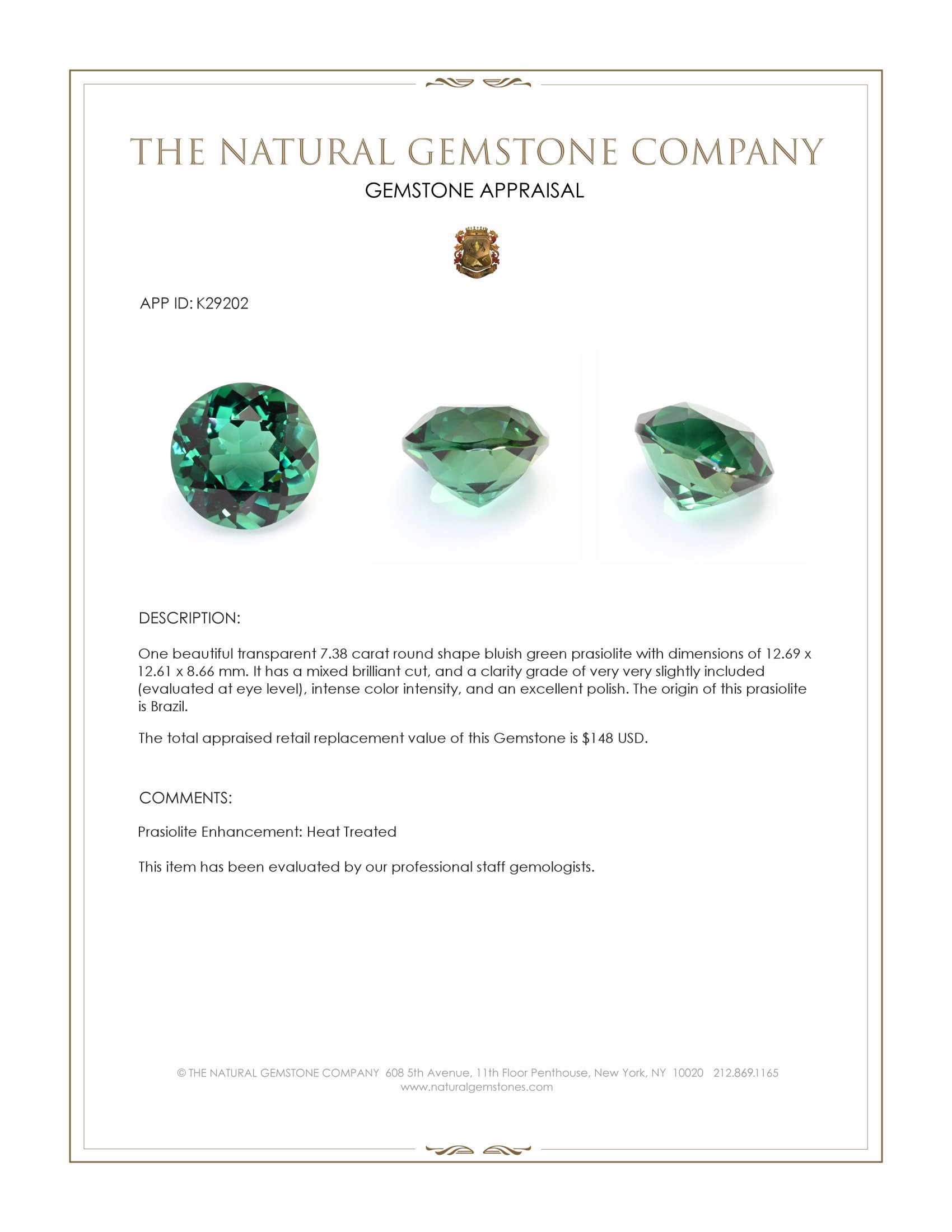 7.38 Ct. Bluish Green Prasiolite from Brazil