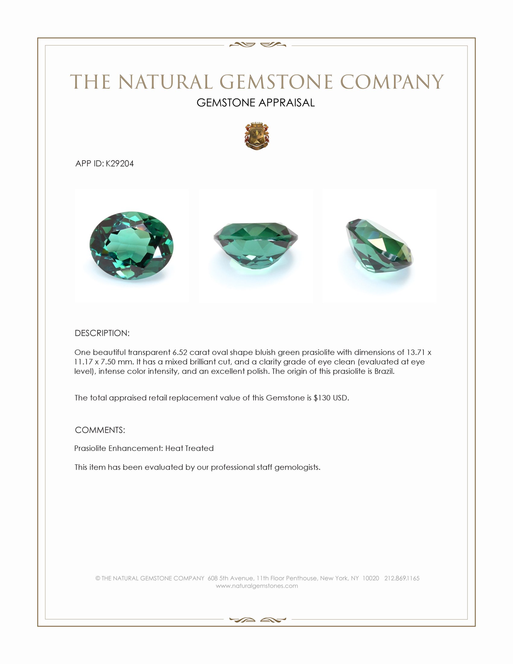 6.52 Ct. Bluish Green Prasiolite from Brazil