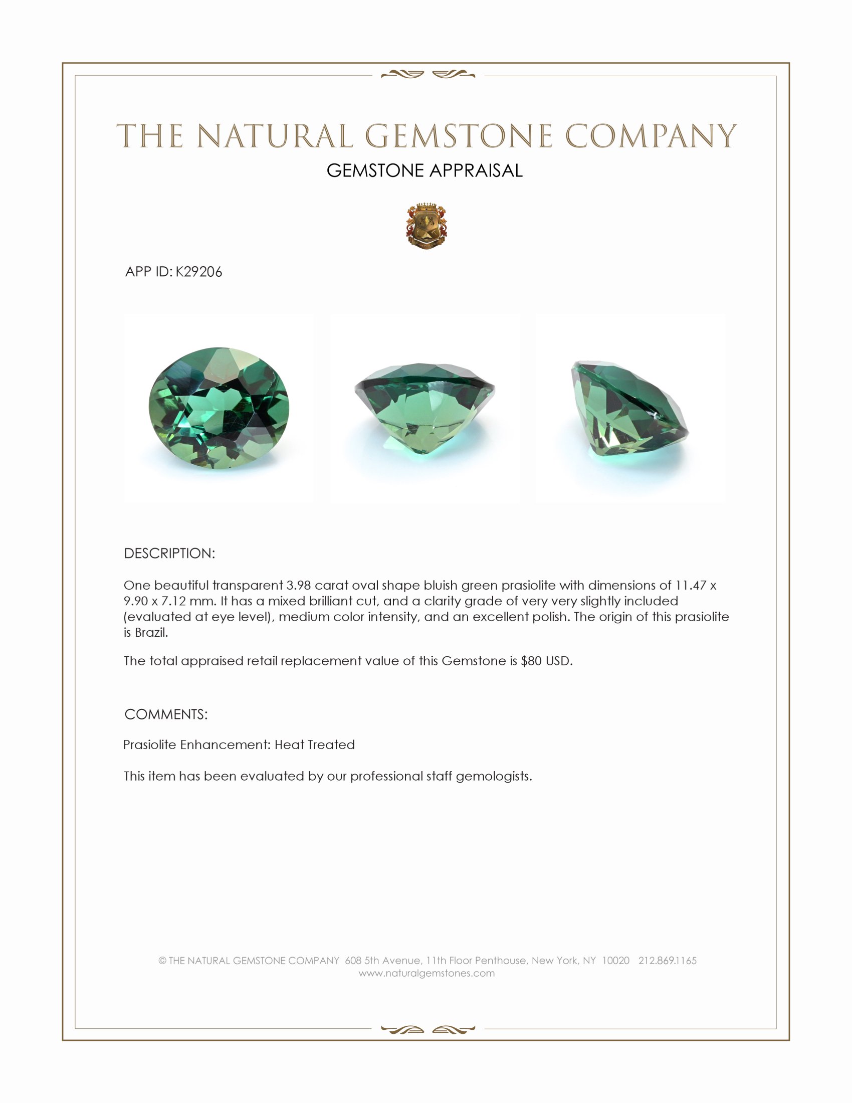 3.98 Ct. Bluish Green Prasiolite from Brazil