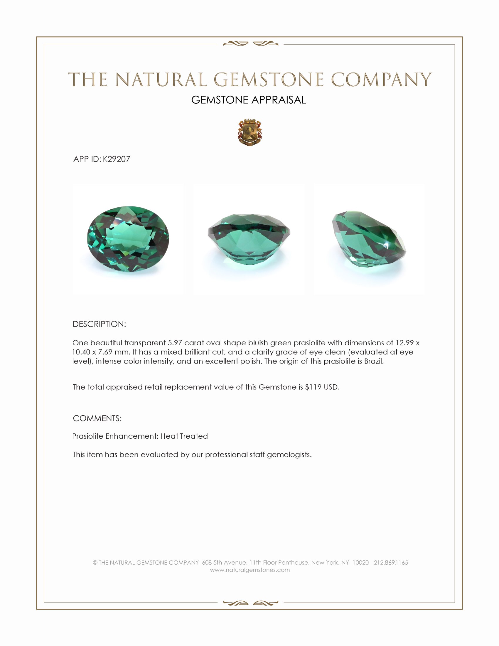 5.97 Ct. Bluish Green Prasiolite from Brazil