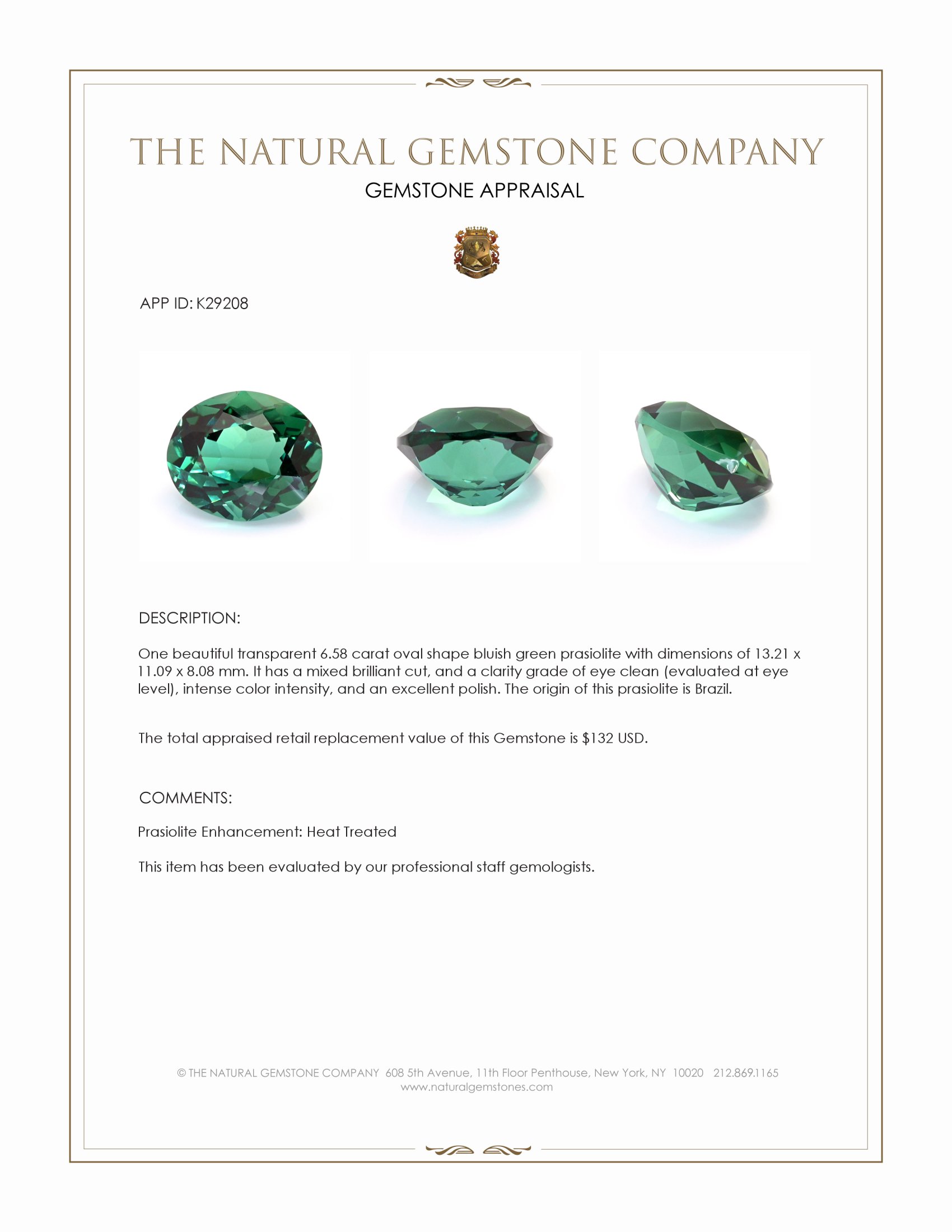 6.58 Ct. Bluish Green Prasiolite from Brazil