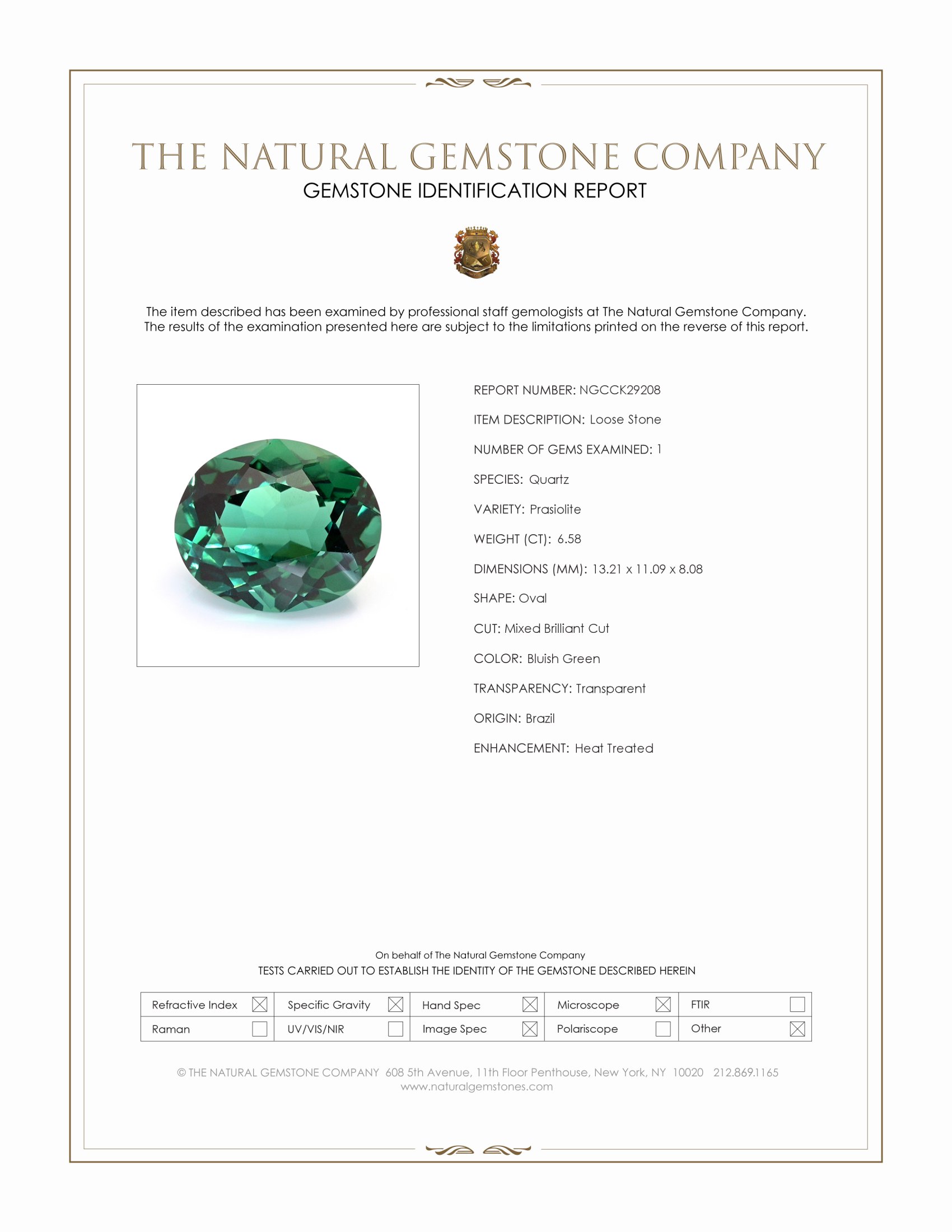 6.58 Ct. Bluish Green Prasiolite from Brazil