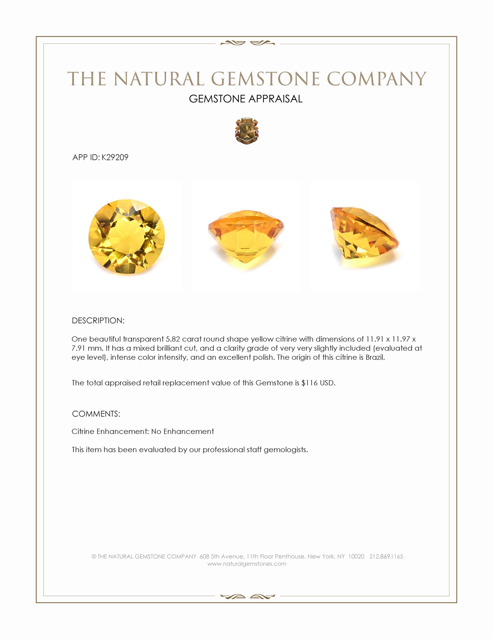 5.82 Ct. Yellow Citrine from Brazil
