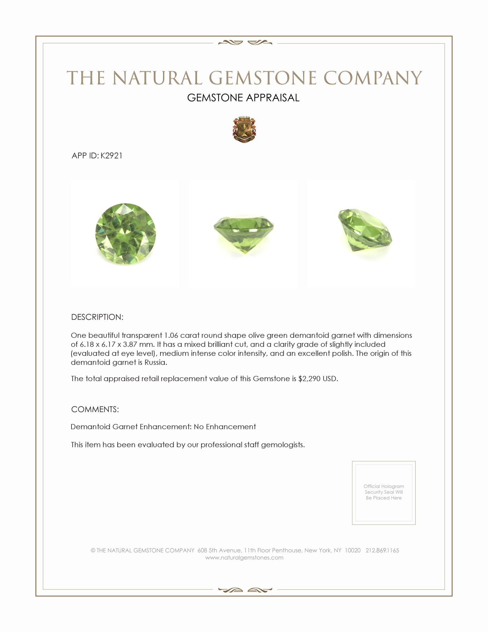 1.06 Ct. Demantoid Garnet from Russia