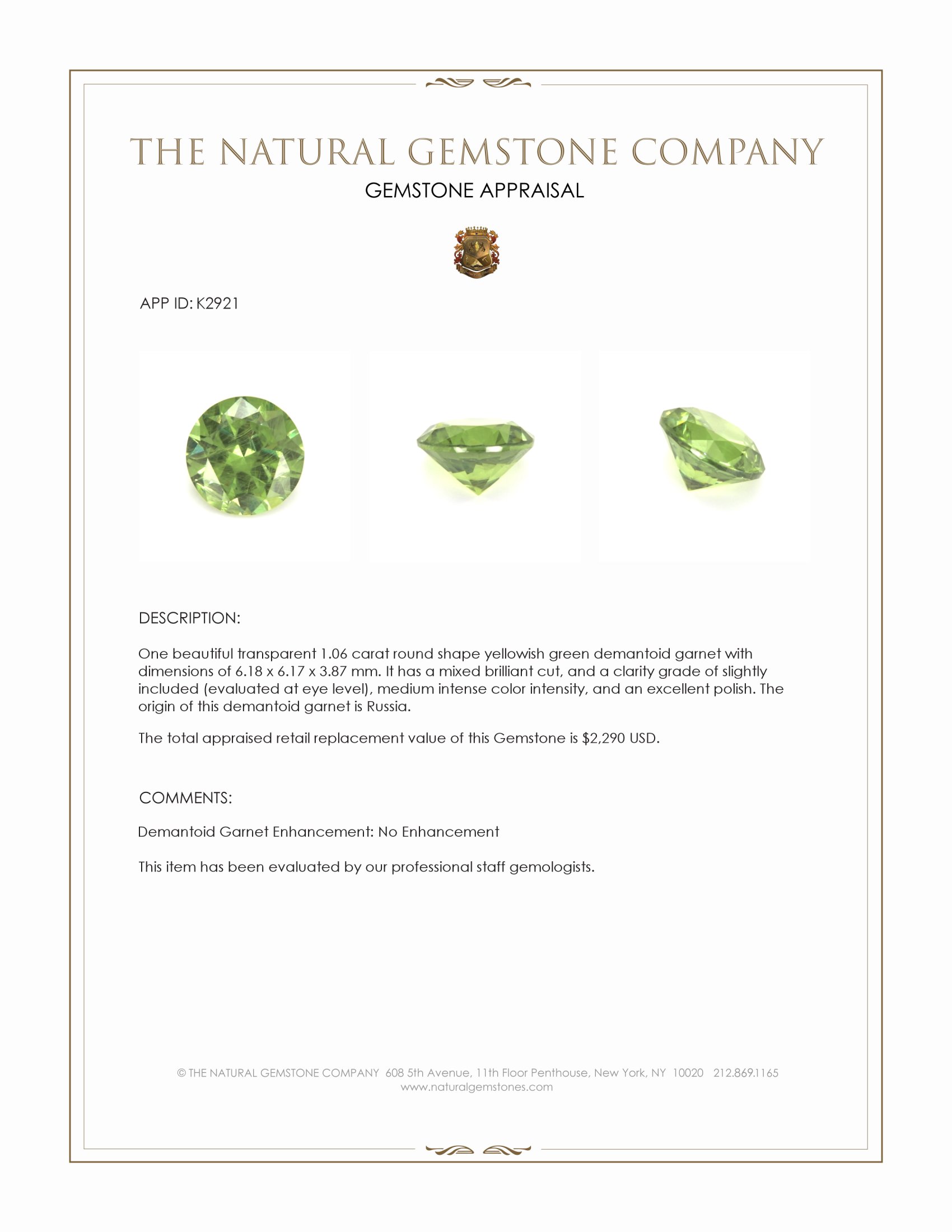 1.06 Ct. Demantoid Garnet from Russia