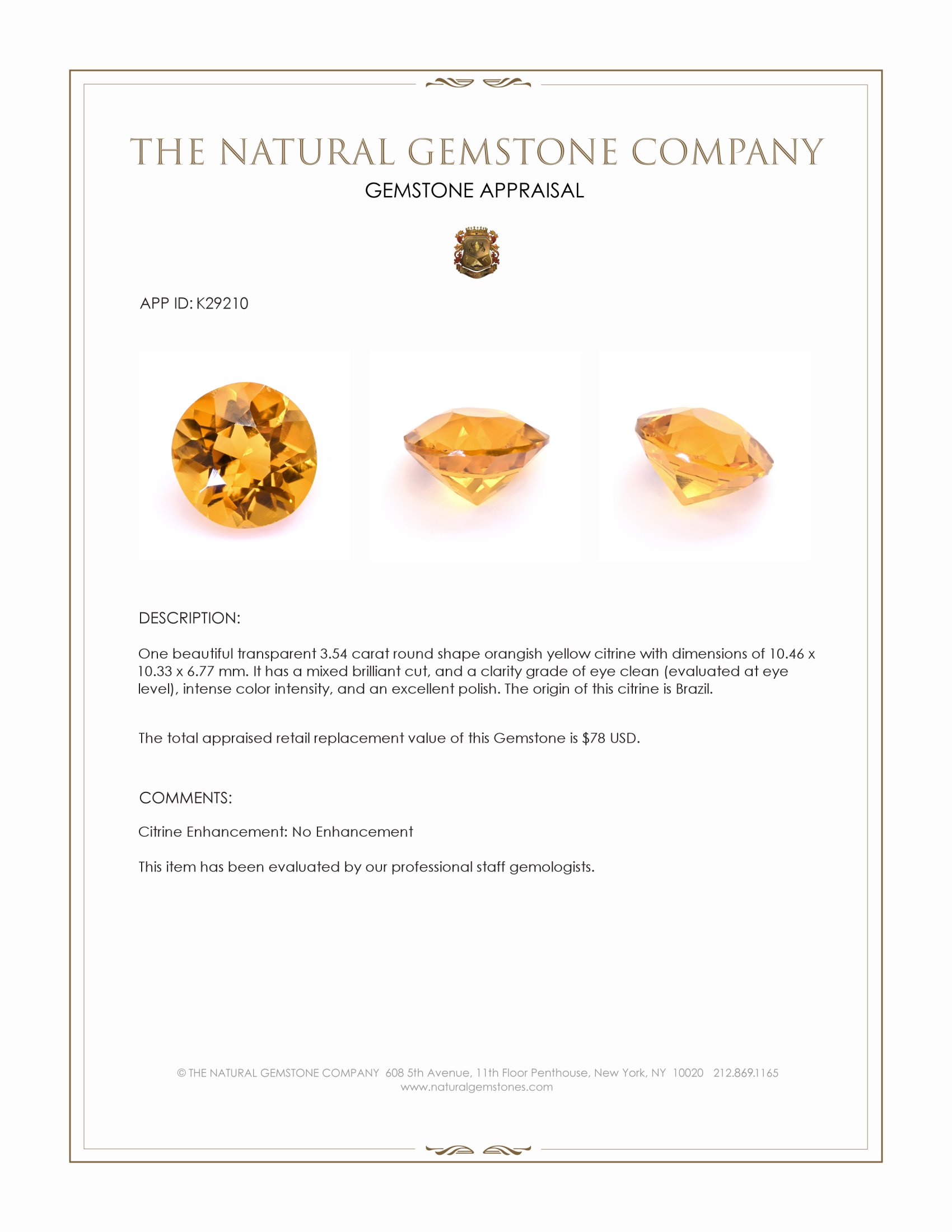 3.54 Ct. Orangish Yellow Citrine from Brazil