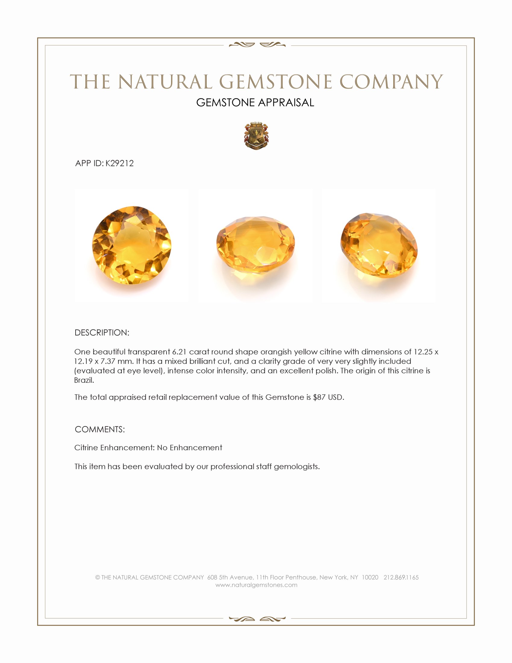 6.21 Ct. Orangish Yellow Citrine from Brazil