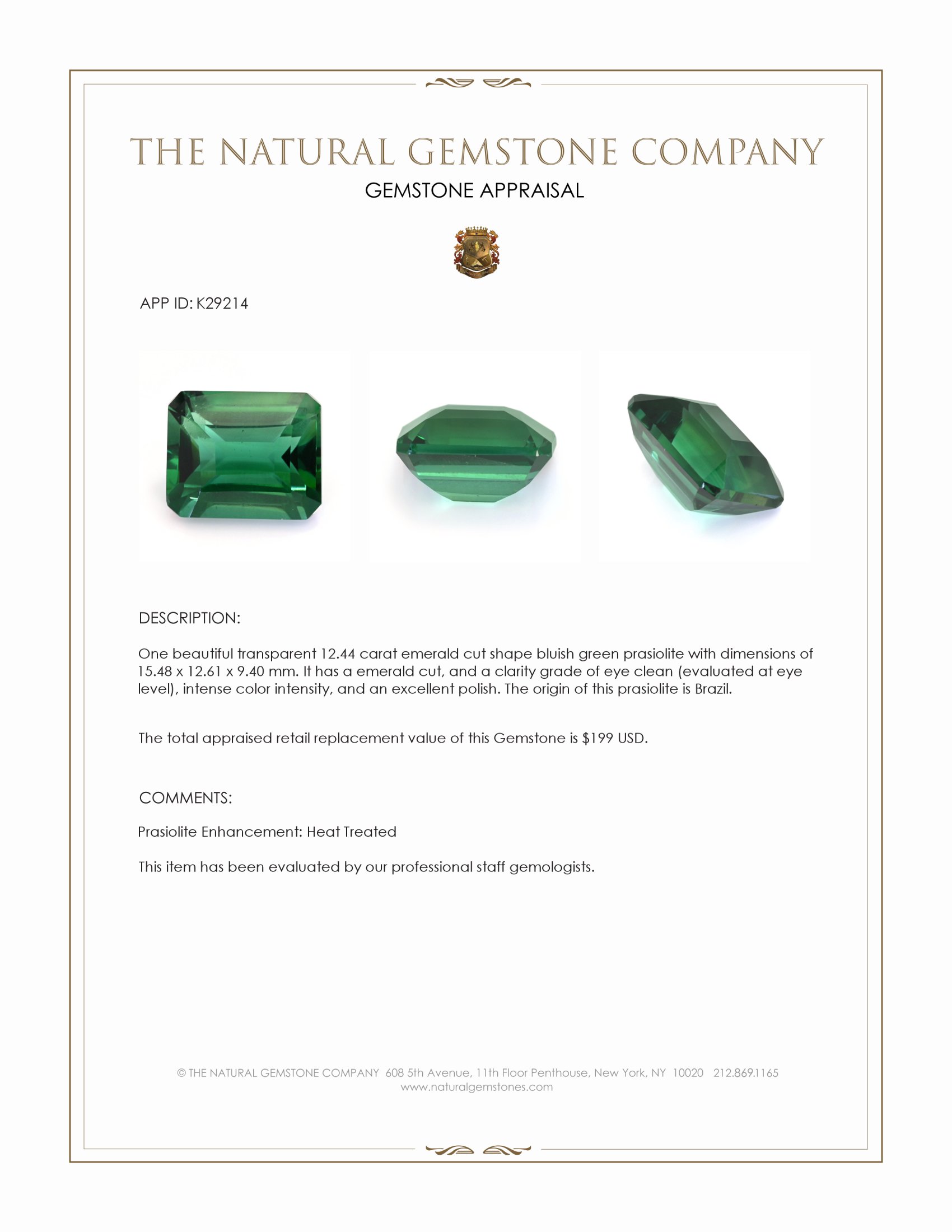 12.44 Ct. Bluish Green Prasiolite from Brazil