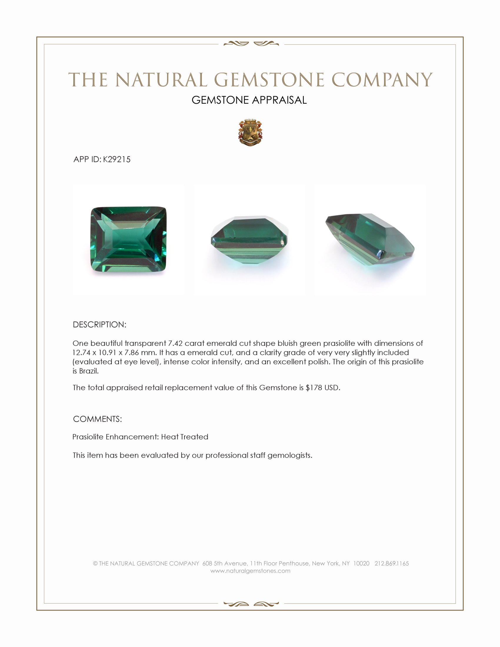 7.42 Ct. Bluish Green Prasiolite from Brazil