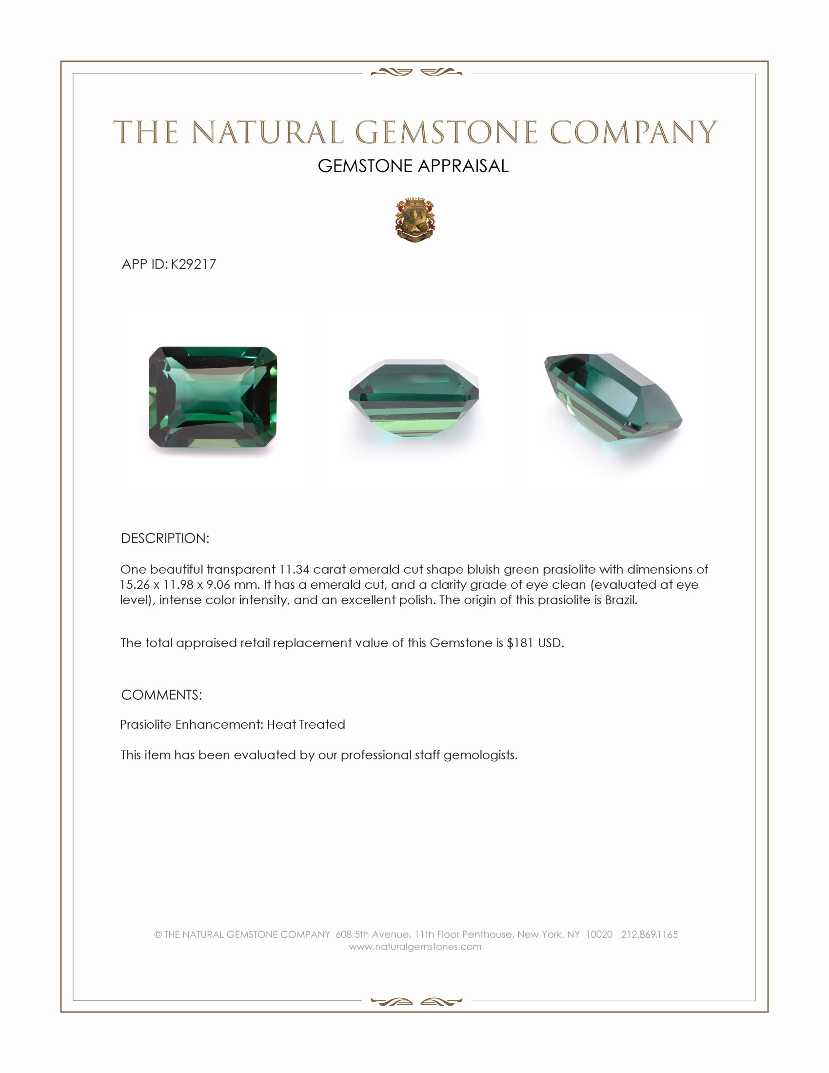 11.34 Ct. Bluish Green Prasiolite from Brazil