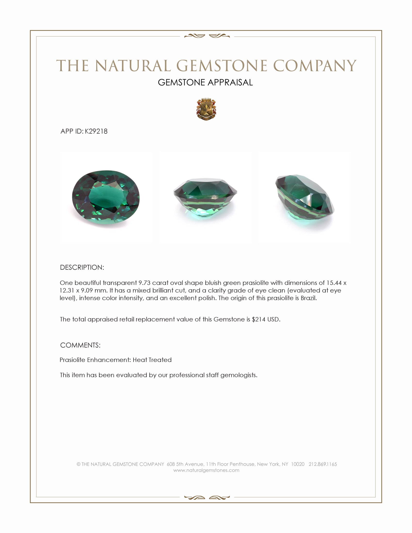9.73 Ct. Bluish Green Prasiolite from Brazil