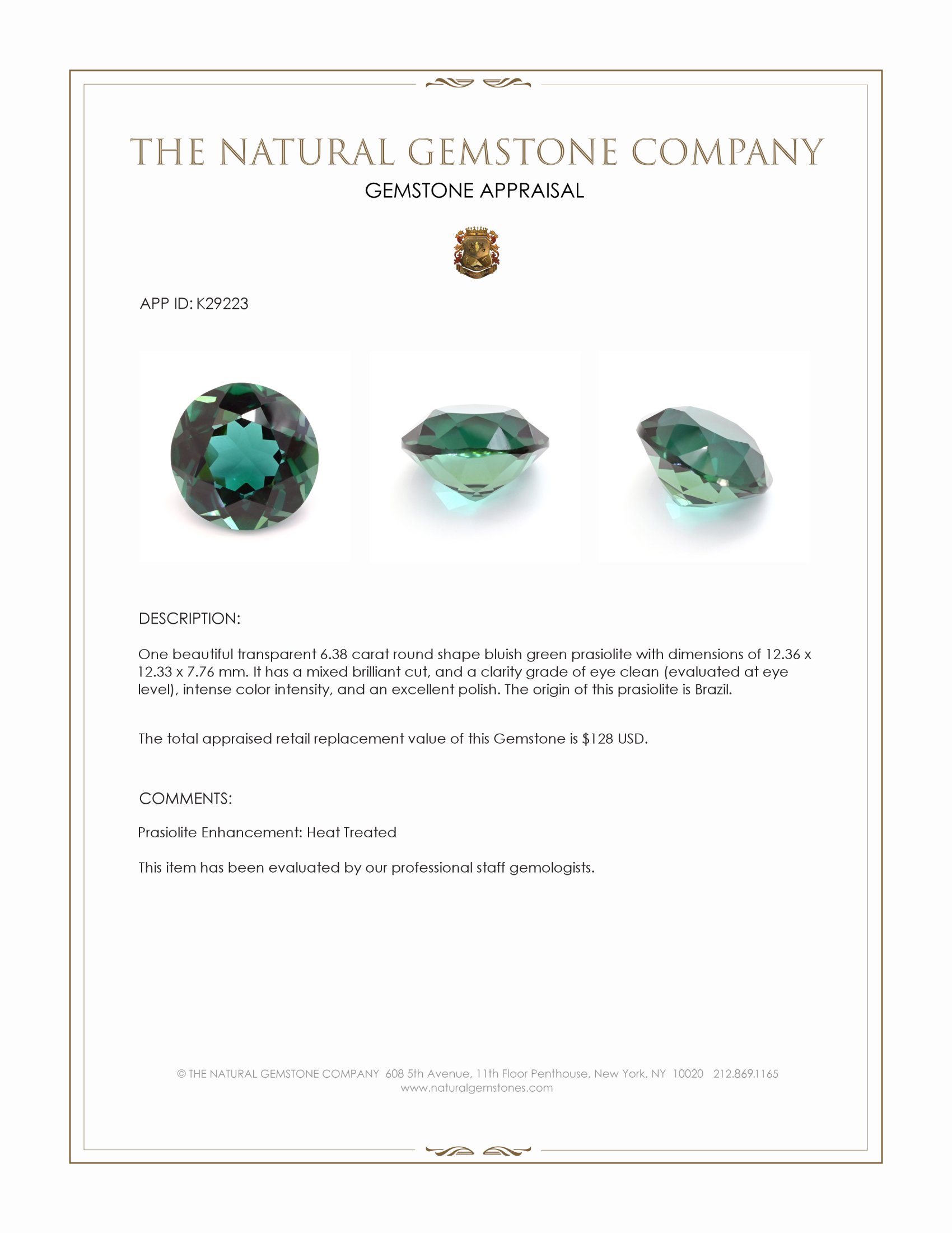 6.38 Ct. Bluish Green Prasiolite from Brazil