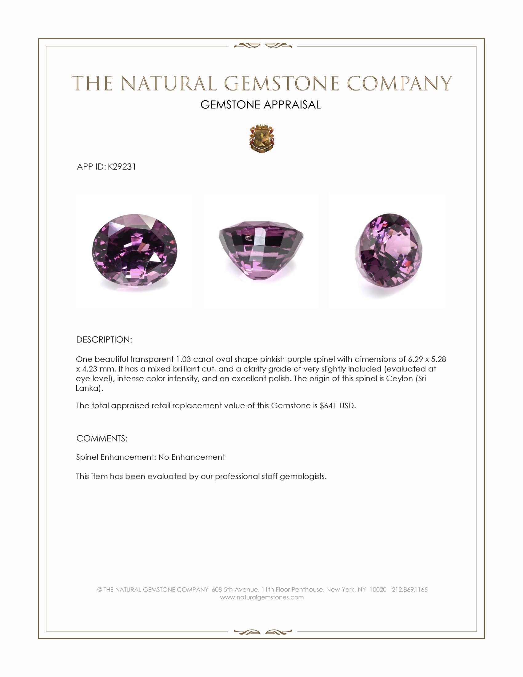1.03 Ct. Pinkish Purple Spinel from Ceylon (Sri Lanka)