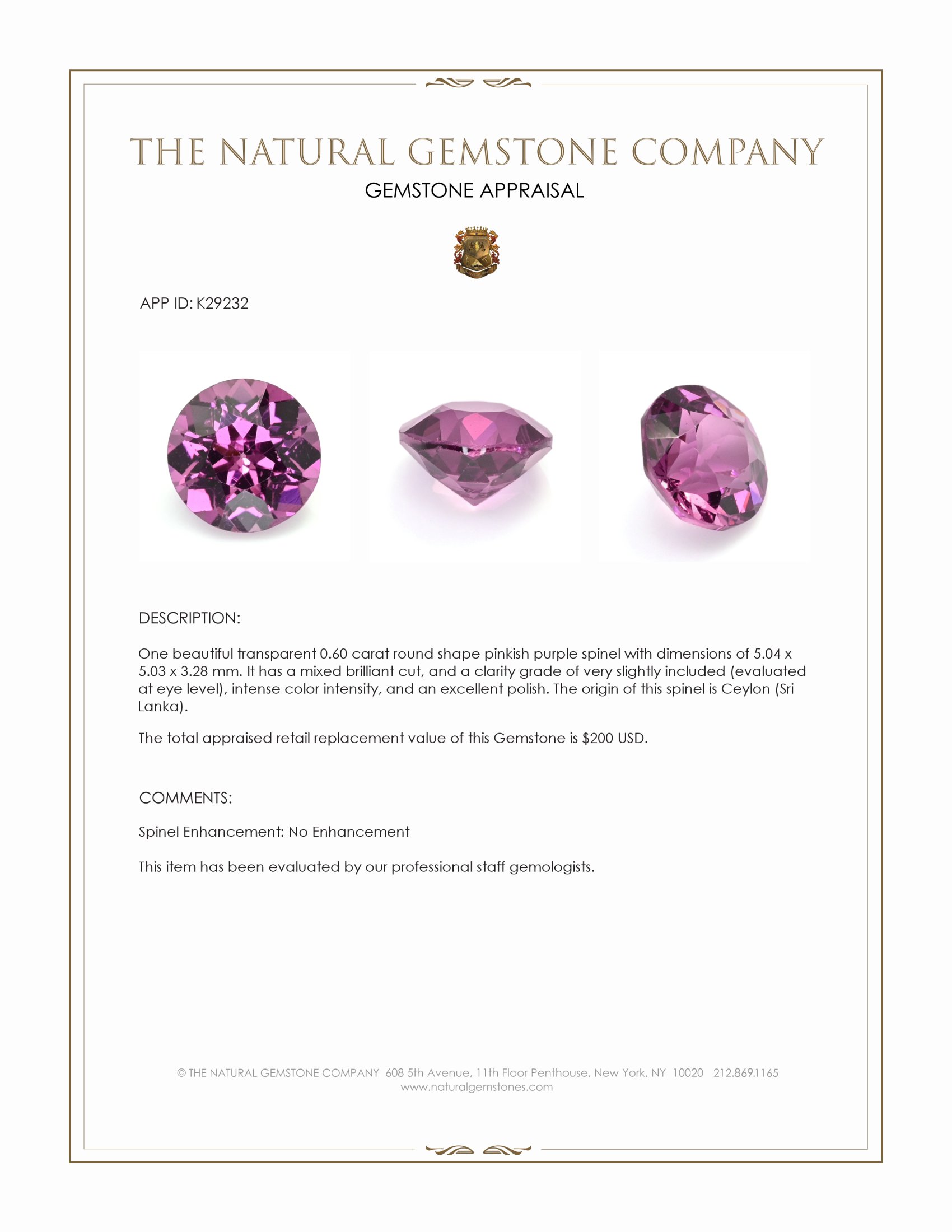 0.60 Ct. Pinkish Purple Spinel from Ceylon (Sri Lanka)