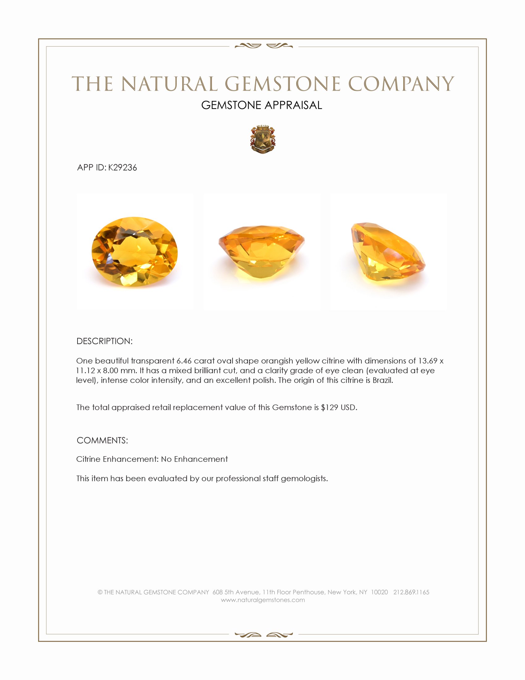 6.46 Ct. Orangish Yellow Citrine from Brazil