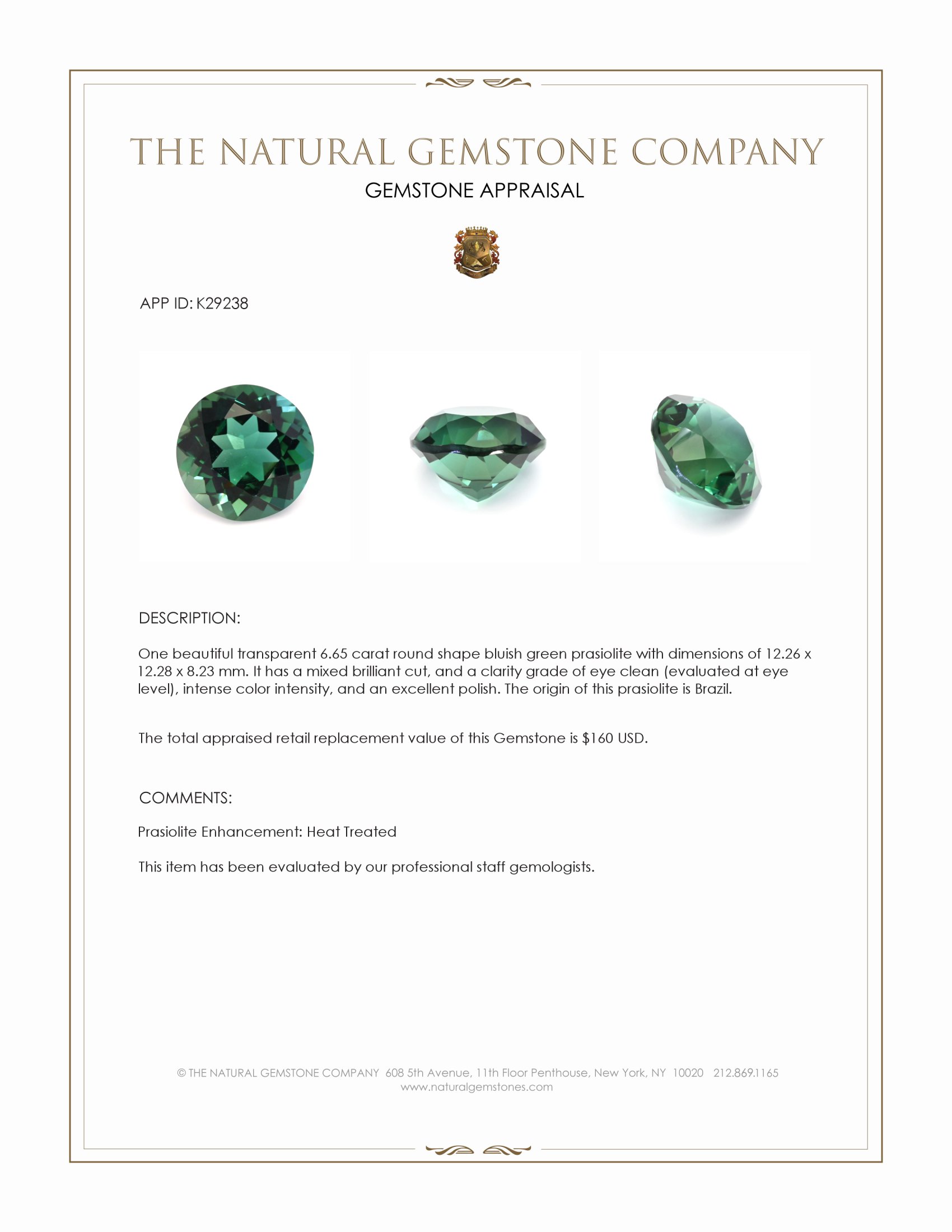 6.65 Ct. Bluish Green Prasiolite from Brazil