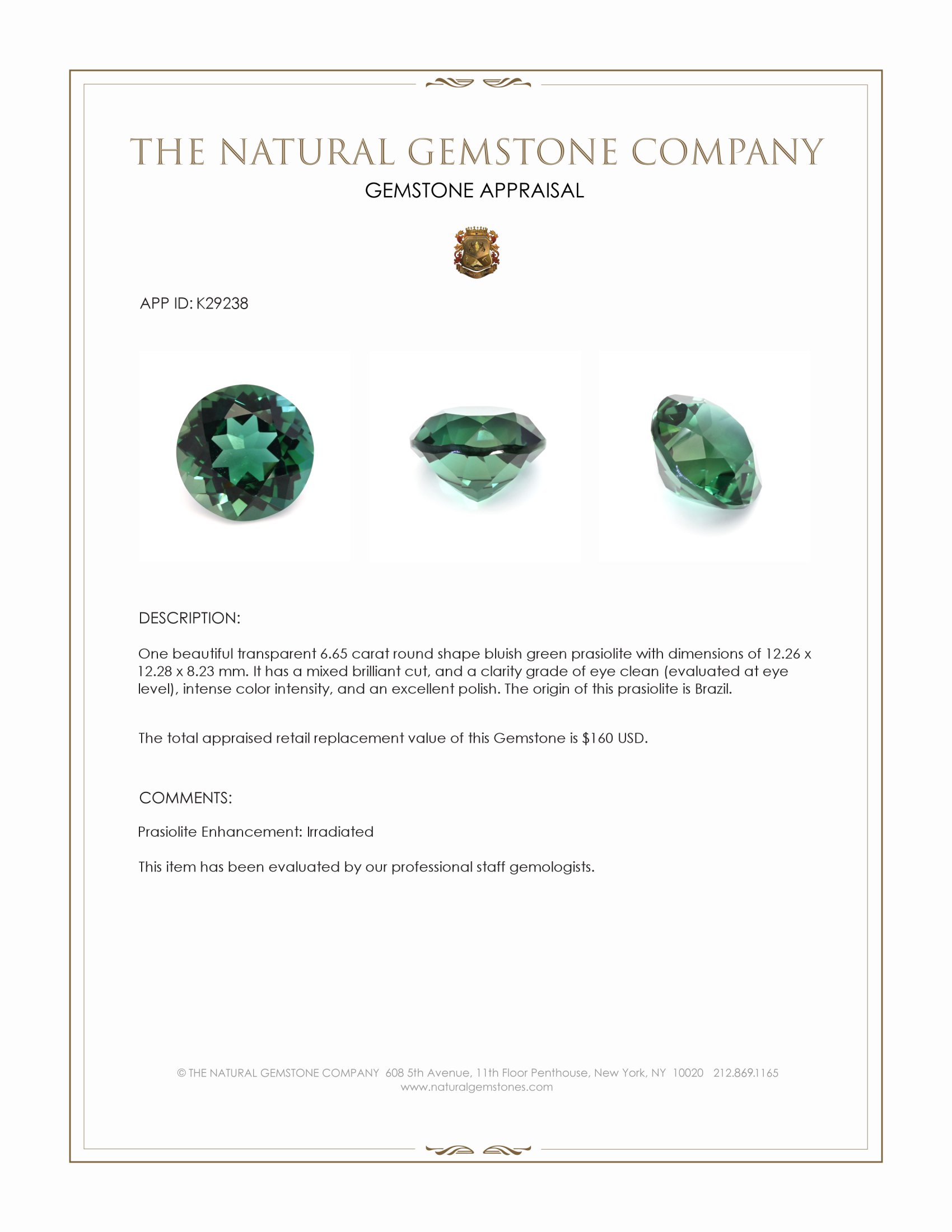 6.65 Ct. Bluish Green Prasiolite from Brazil