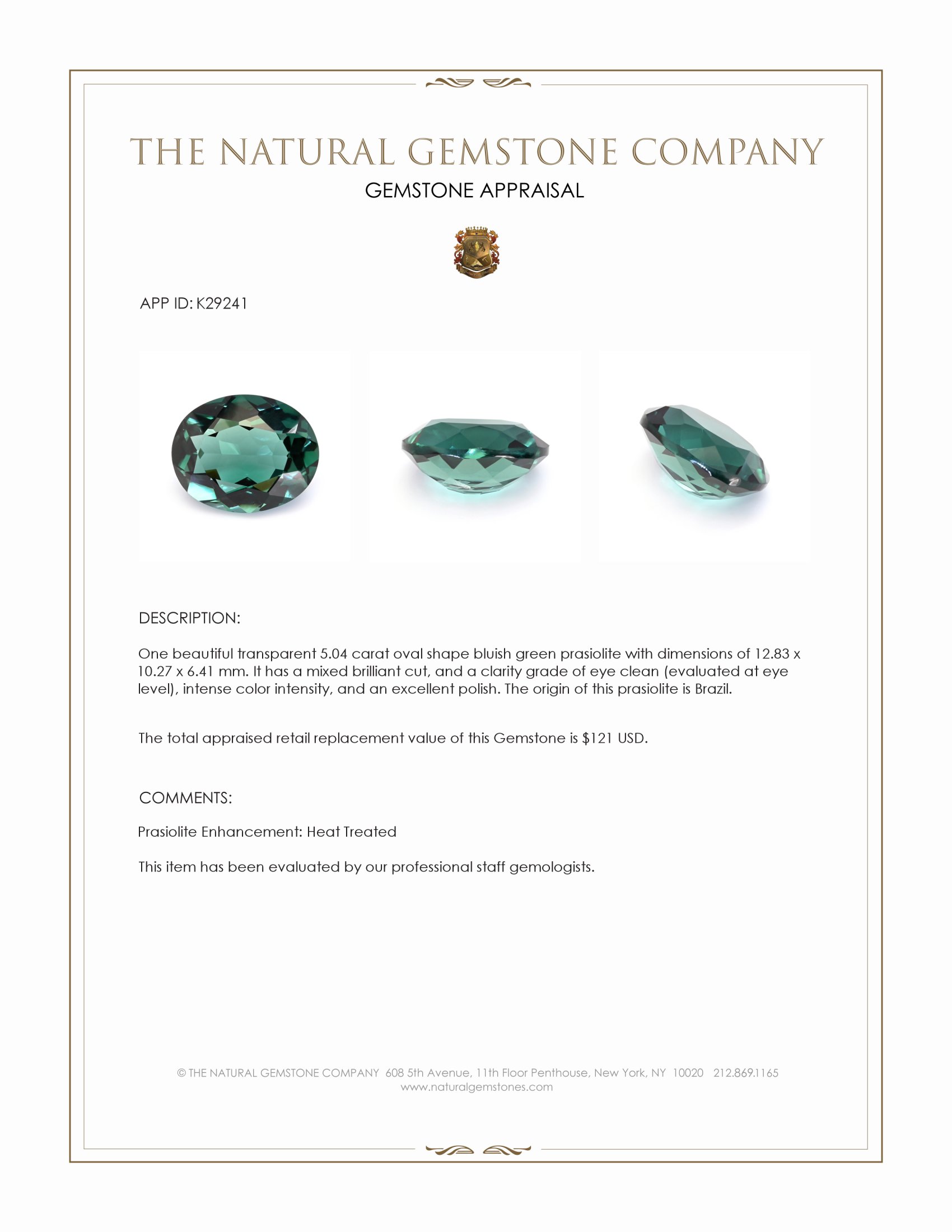 5.04 Ct. Bluish Green Prasiolite from Brazil