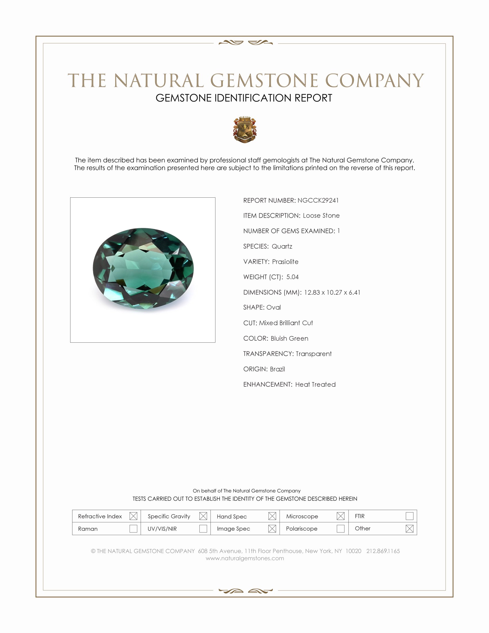 5.04 Ct. Bluish Green Prasiolite from Brazil