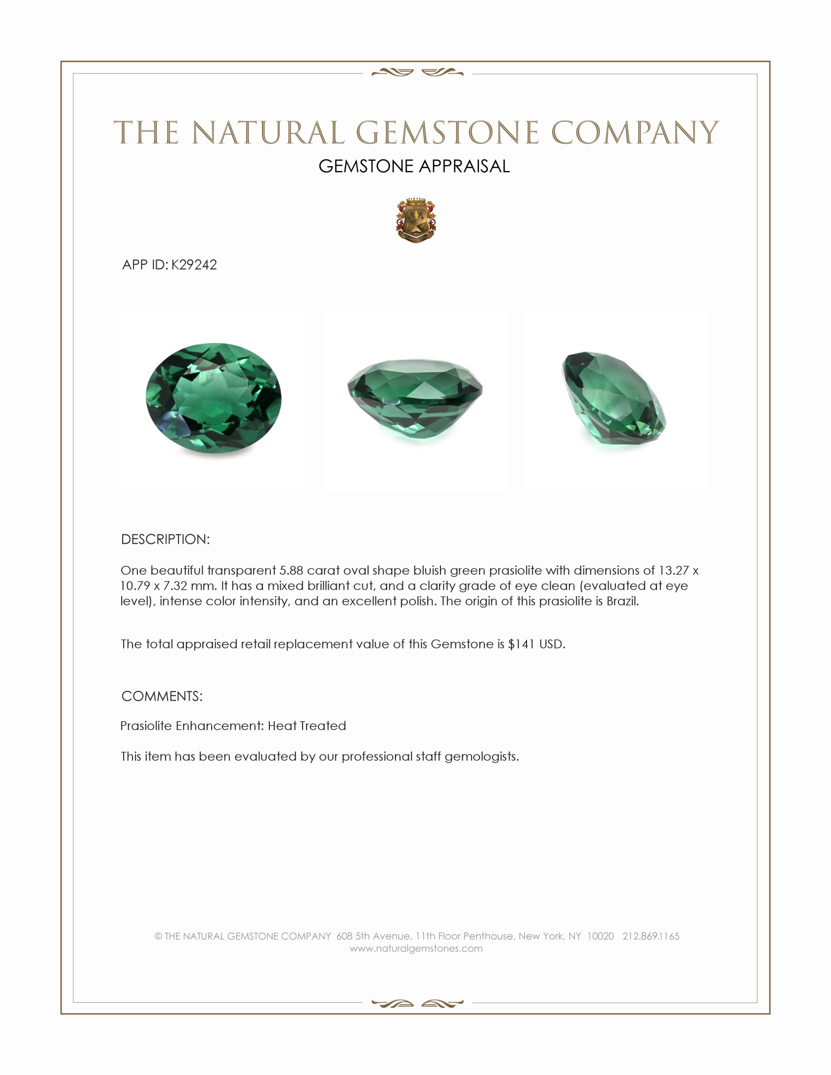 5.88 Ct. Bluish Green Prasiolite from Brazil
