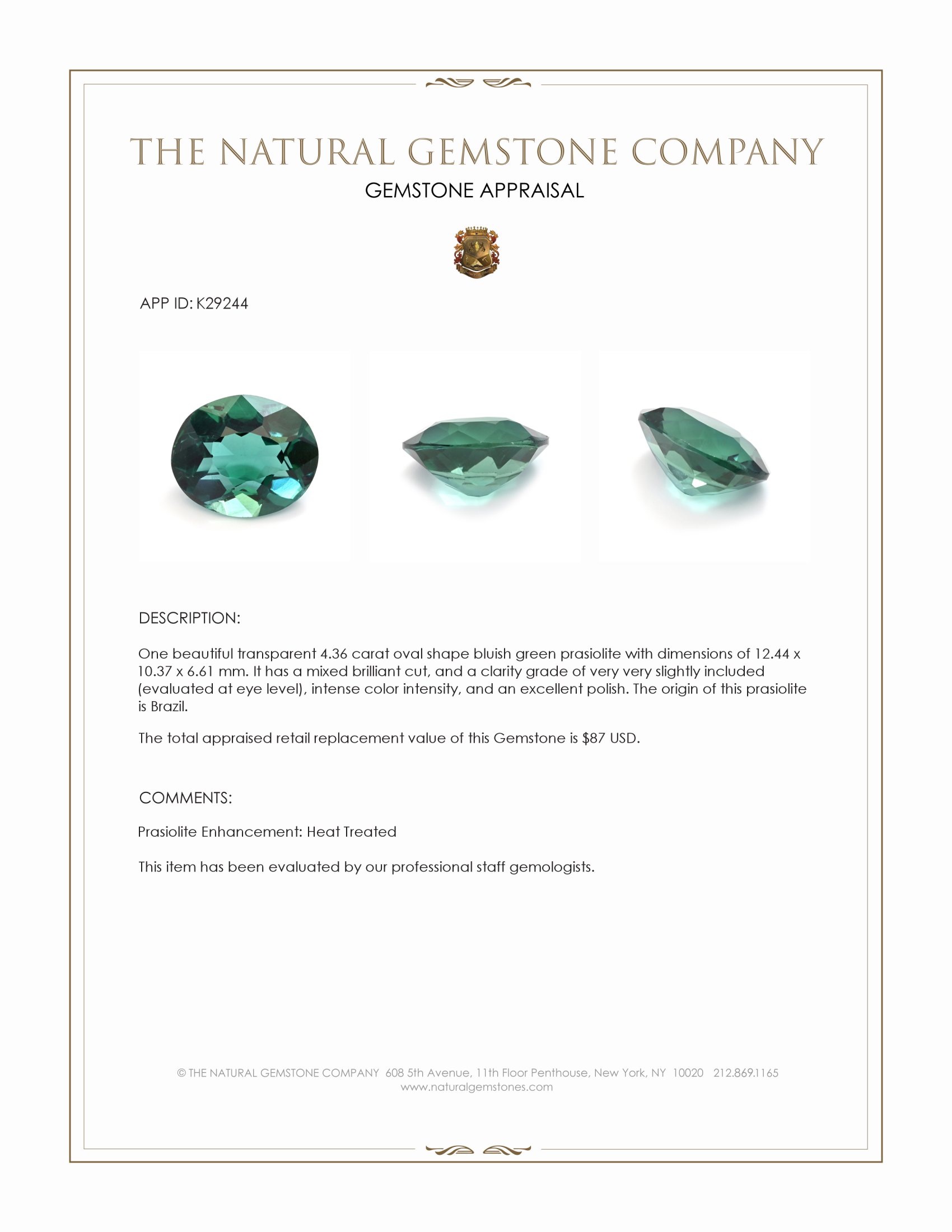 4.36 Ct. Bluish Green Prasiolite from Brazil