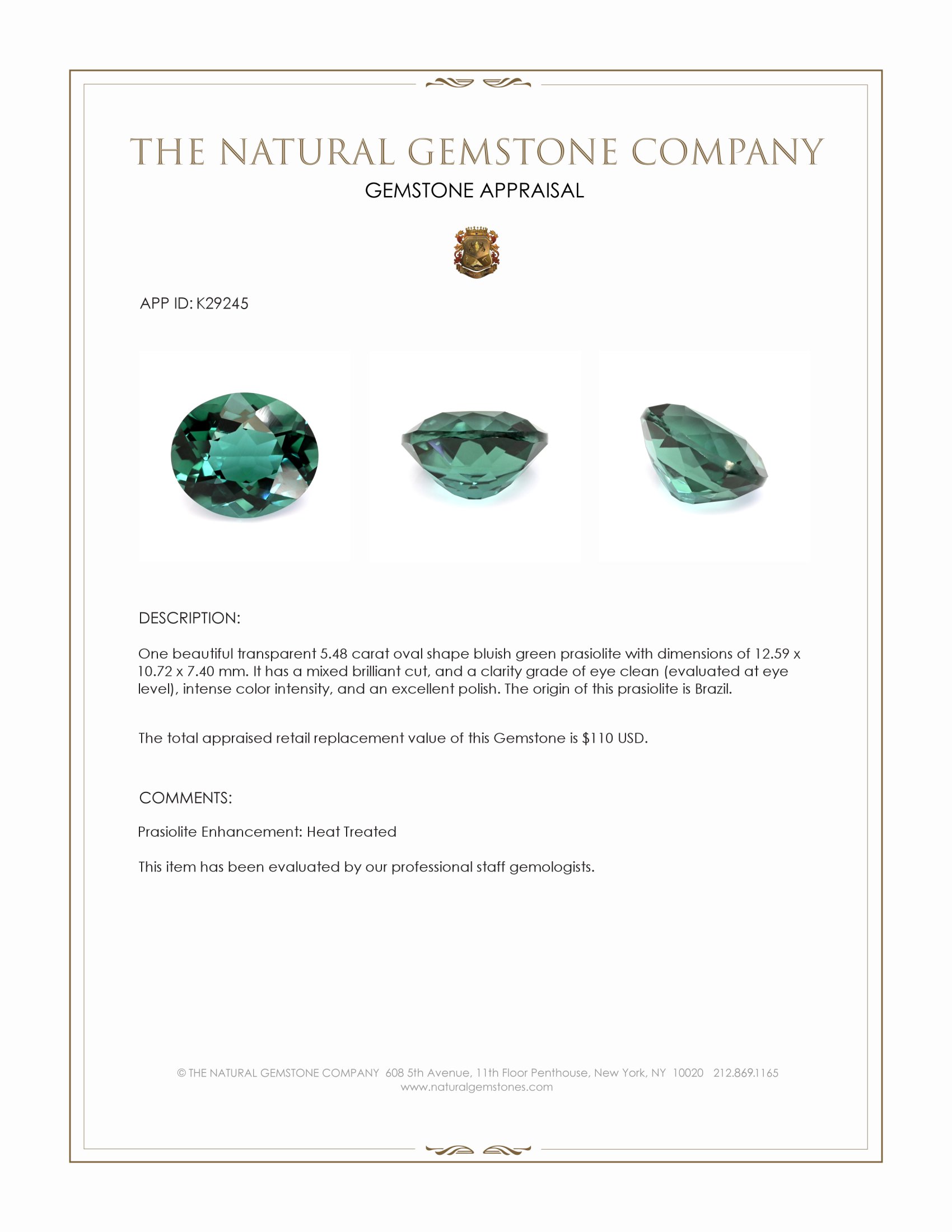 5.48 Ct. Bluish Green Prasiolite from Brazil