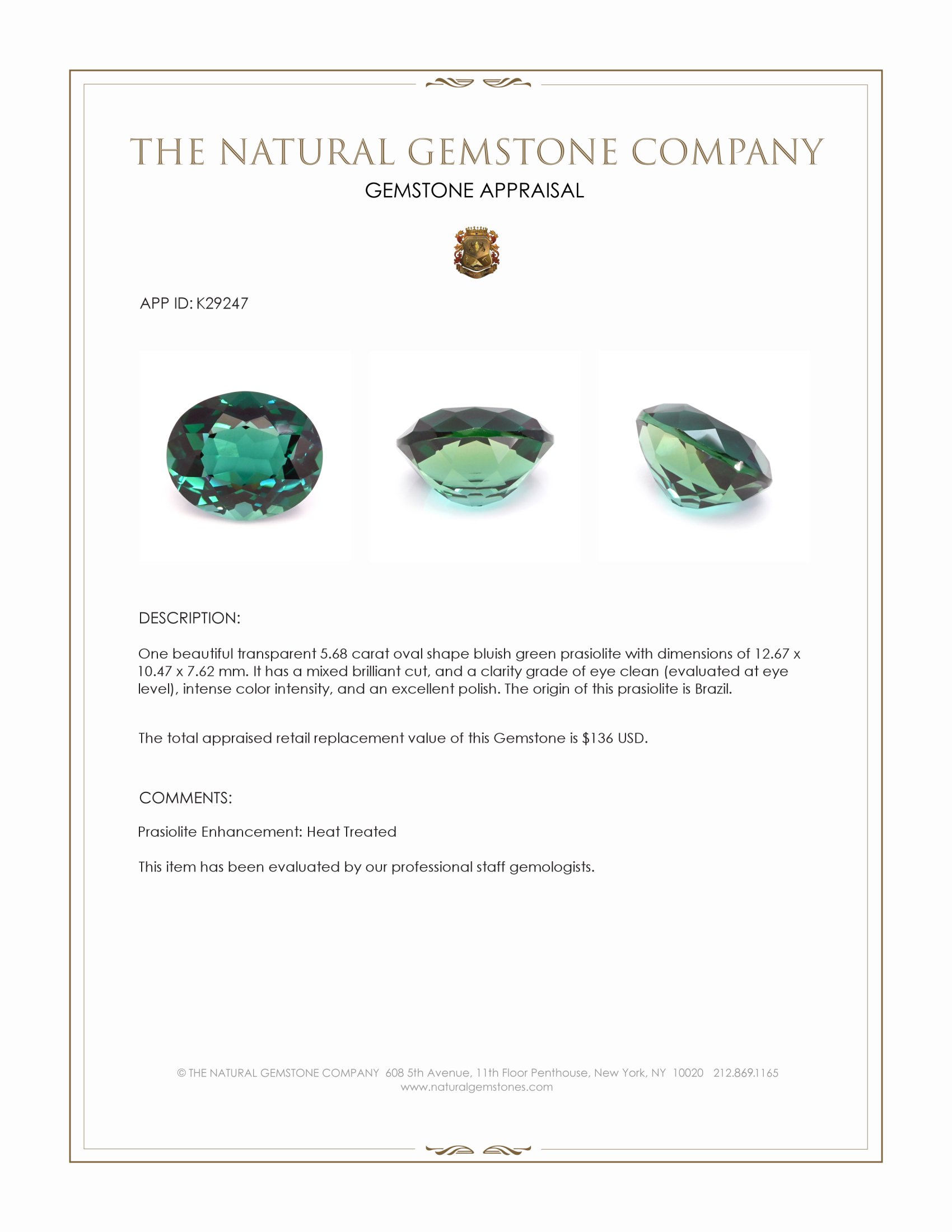 5.68 Ct. Bluish Green Prasiolite from Brazil